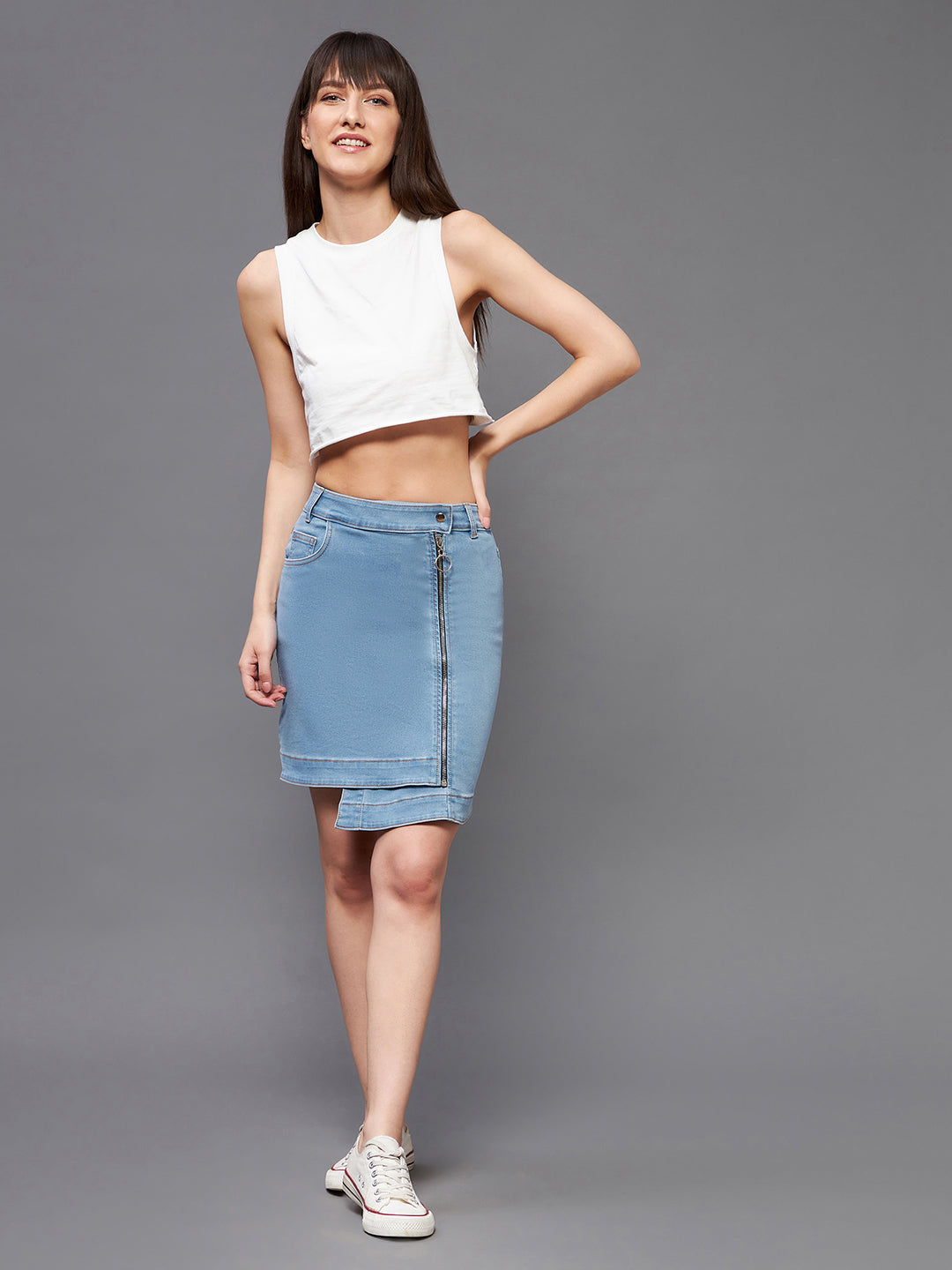 Women's Light Blue Regular High rise Clean look Above Knee Stretchable Denim Skirt