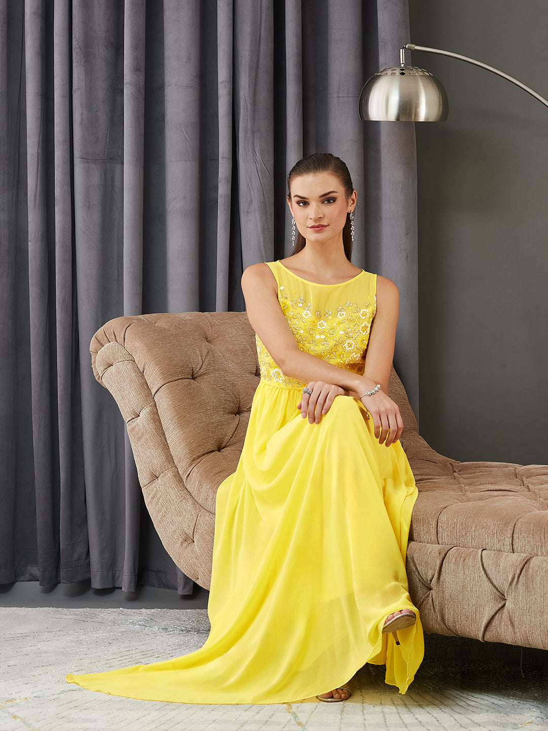 Women's Light Yellow Boat Neck Sleeveless Embroidered Georgette Gathered Maxi Dress