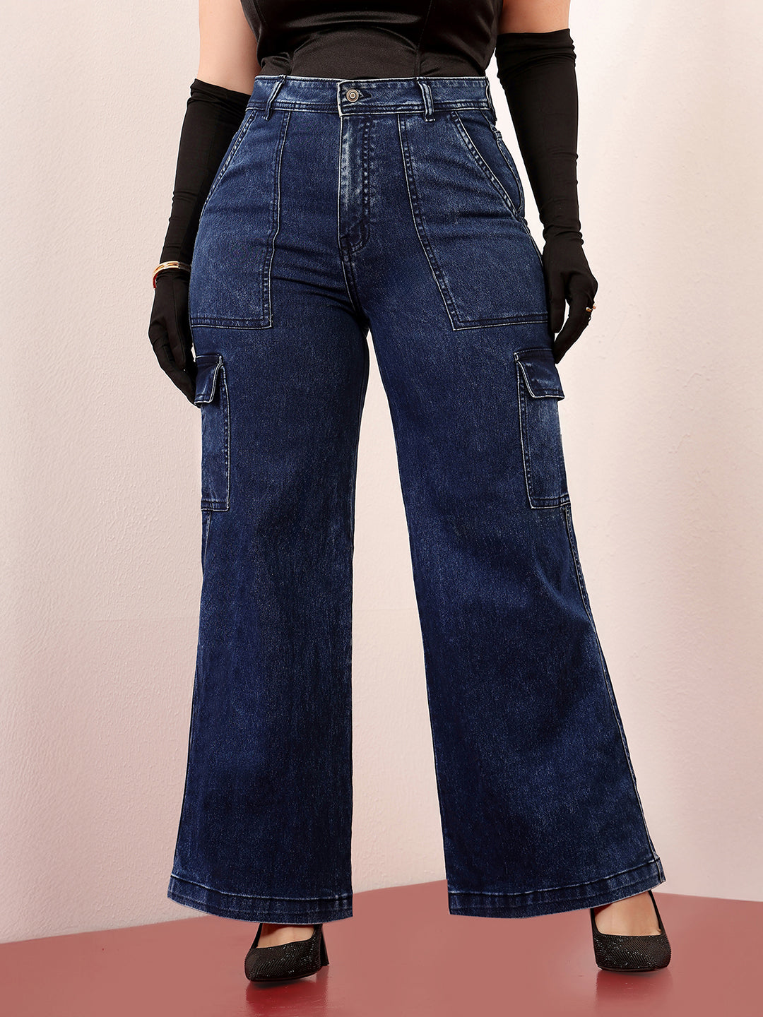 Women's Blue Wide-Leg High-Rise Clean-Look Stretchable Denim Cargo Jeans
