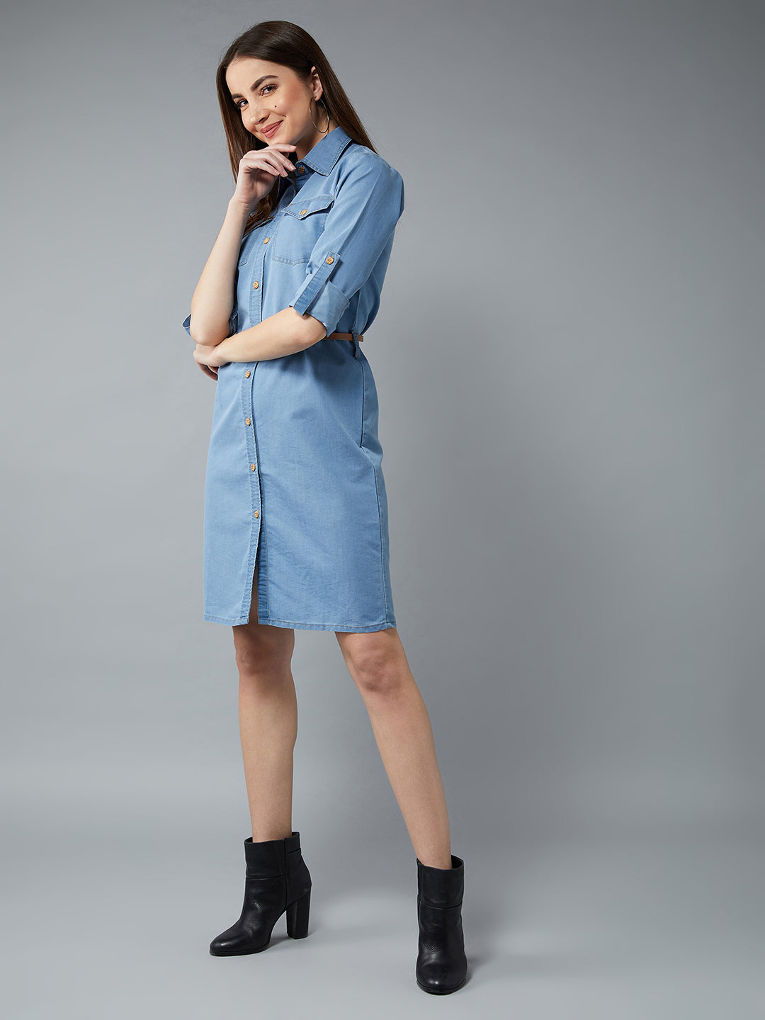 Women's Blue Polo Neck Rolled Up Full Sleeve Denim Solid Buttoned A-Line Mini Dress