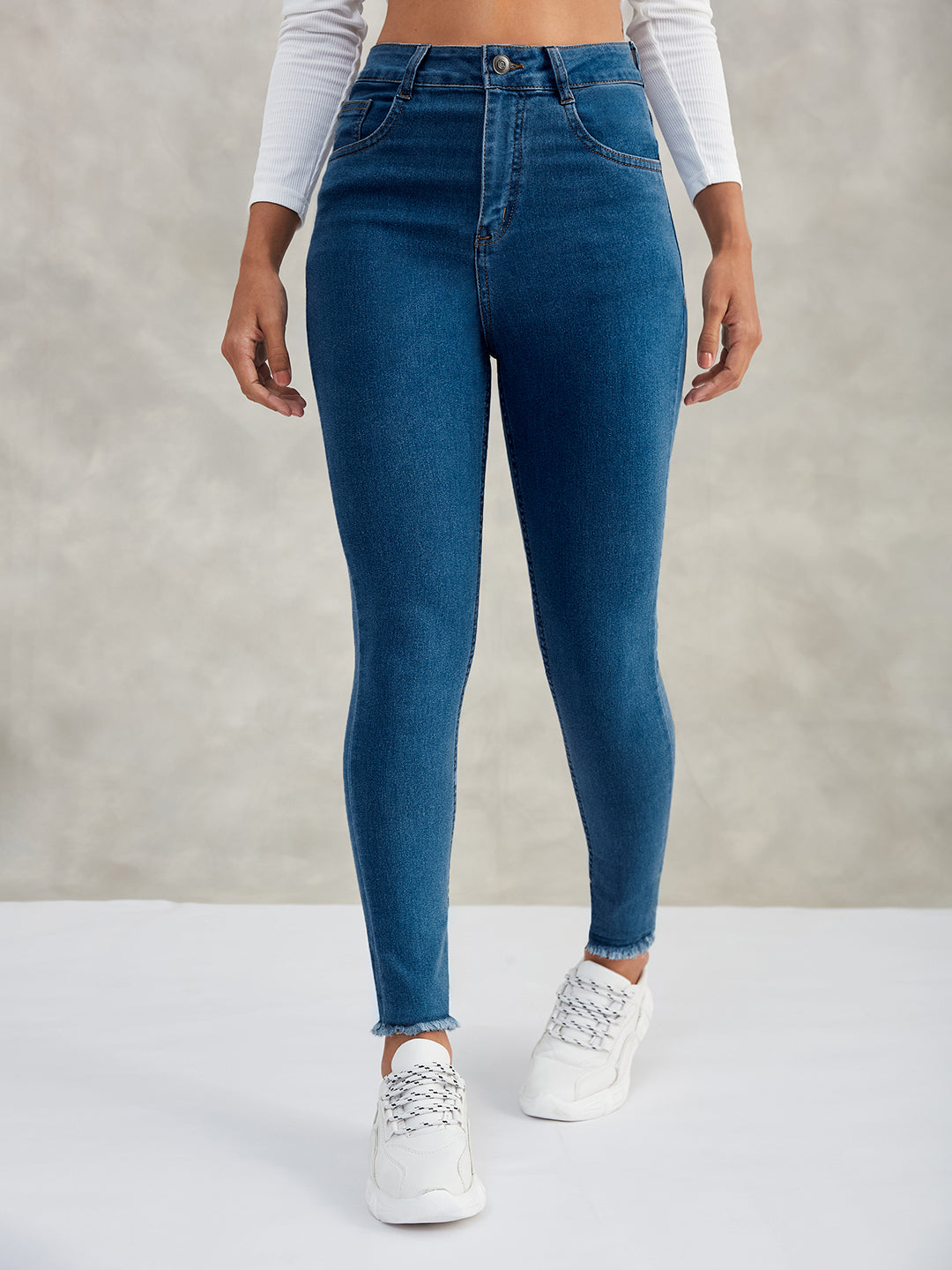 Women's Blue Skinny High-Rise Cropped-Length Fringe Detailing Stretchable Denim Jeans