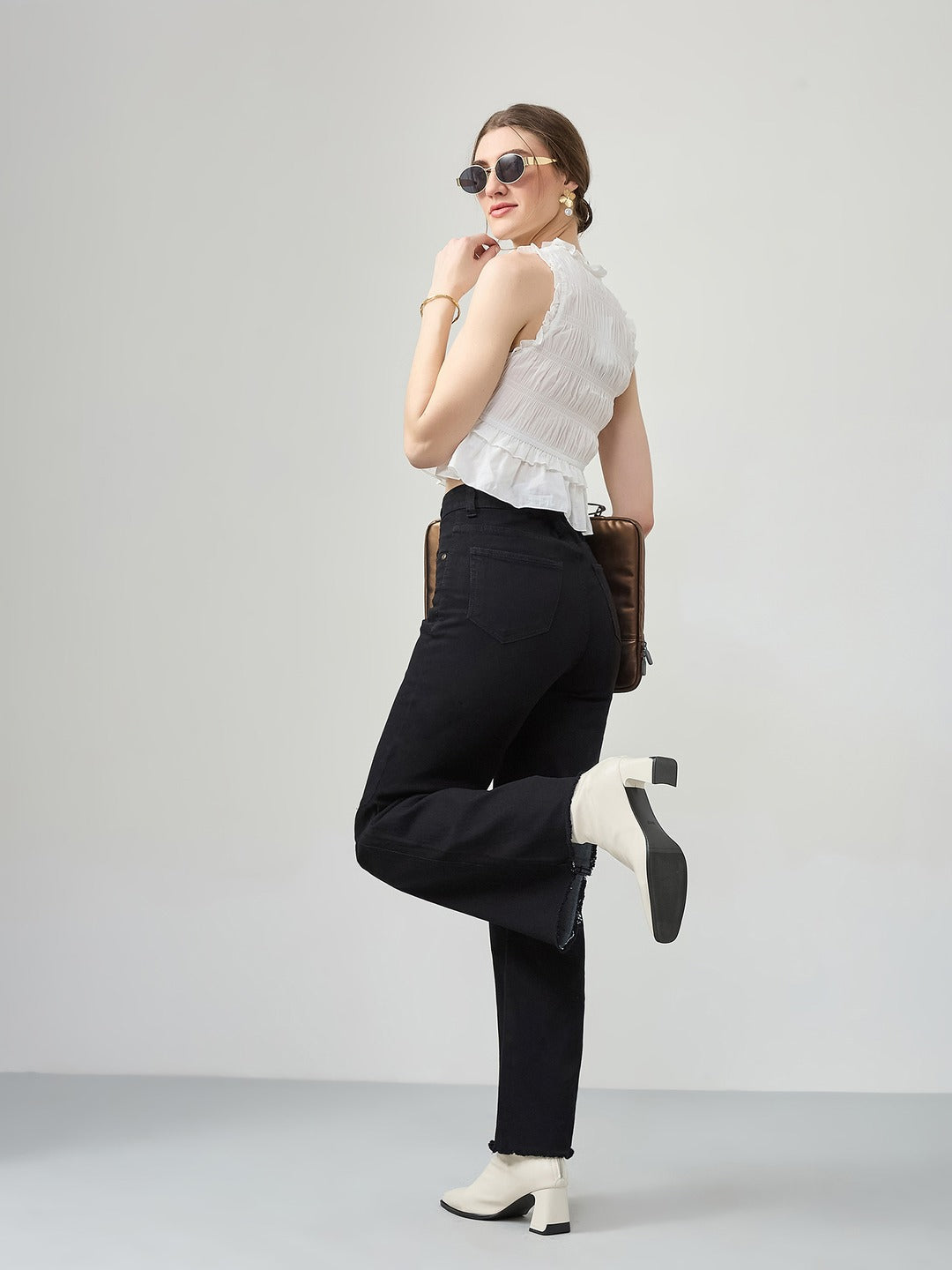 Black high-rise Stretchable Wide Leg Denim Jeans for Women