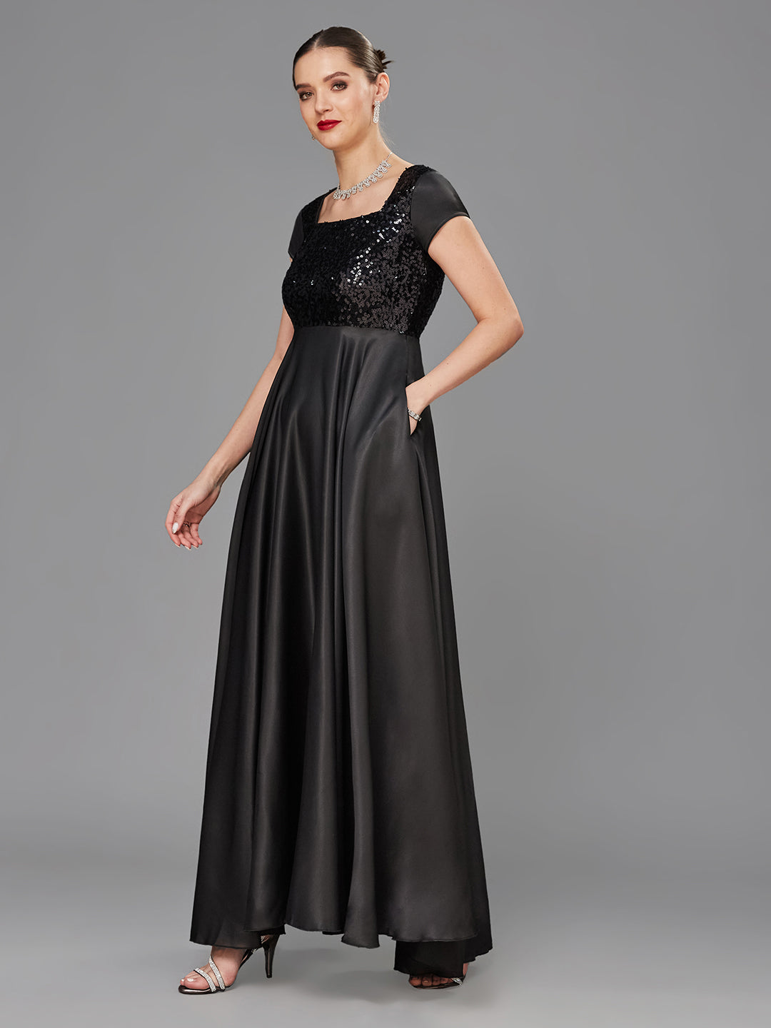 Women's Black Square Neck Short Sleeve Embellished Polyester Fit & Flare Maxi Dress