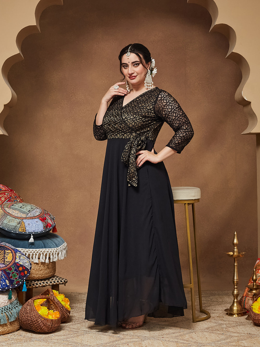 Black Self-Designed Relaxed Fit V-Neck 3/4th Sleeve Georgette And Lace Maxi Dress  for Women