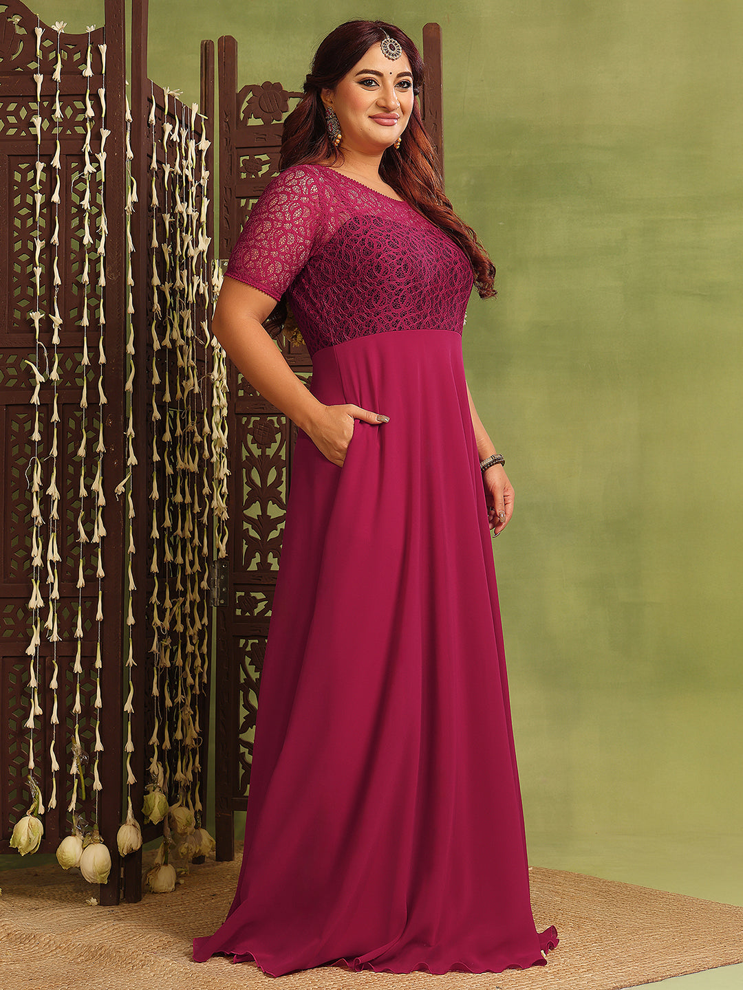Women's Dark Pink Half Sleeve Solid Lace-Overlaid Maxi Dress