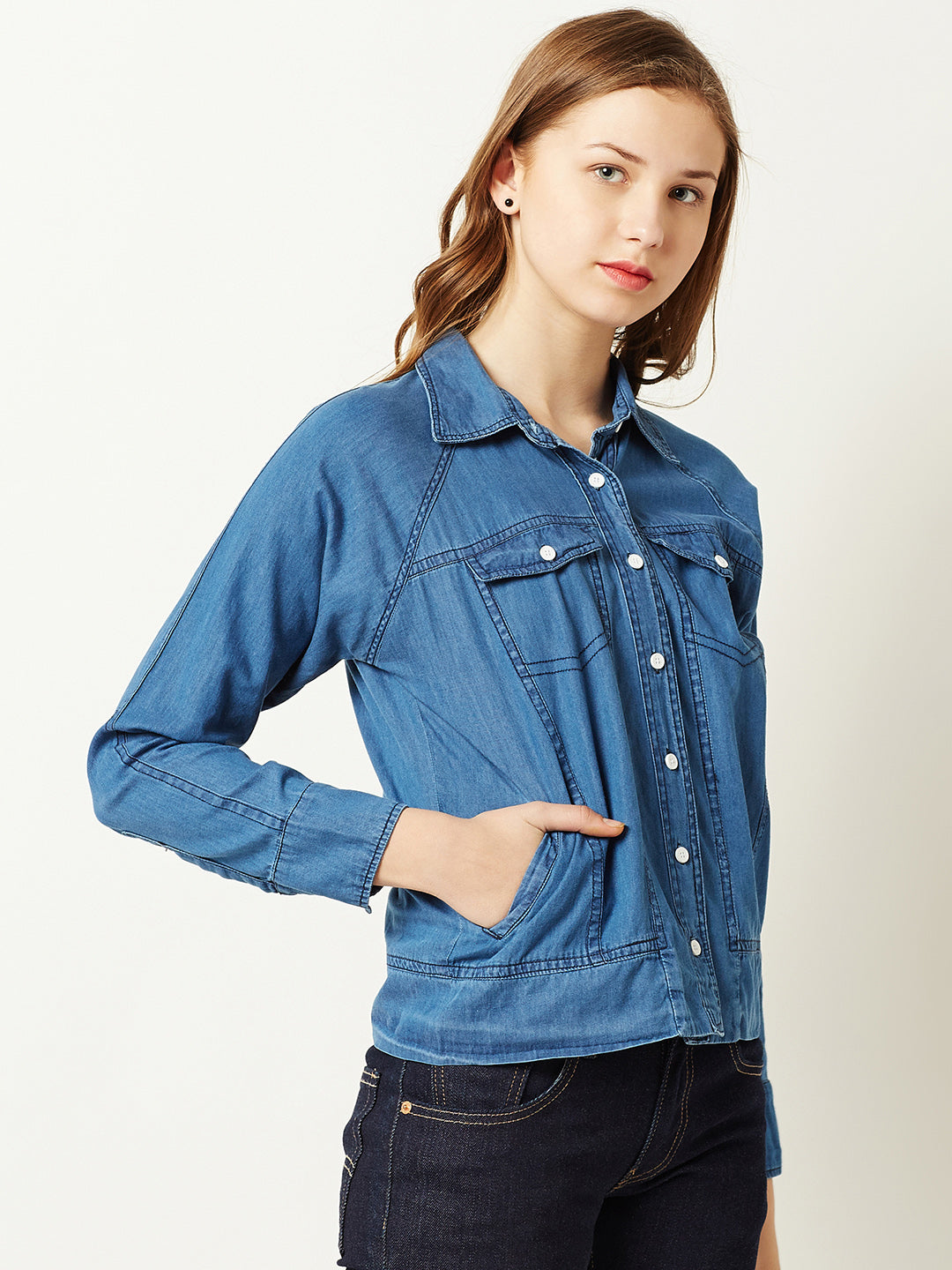 Women's Blue Collared Polo Neck Full Sleeve Solid Buttoned Denim Bomber Jacket