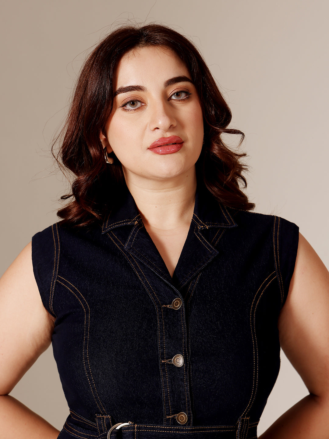 Dark Blue Lightweight Denim Maxi Shirt Dress with Notched Collar and Drop Waist, Sleeveless Fit & Flare for Women