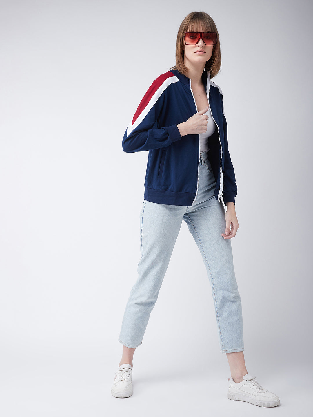 Women's Multicolored-Base-Navy Blue Turtle-neck Full sleeves Solid Color-Block Regular Jacket