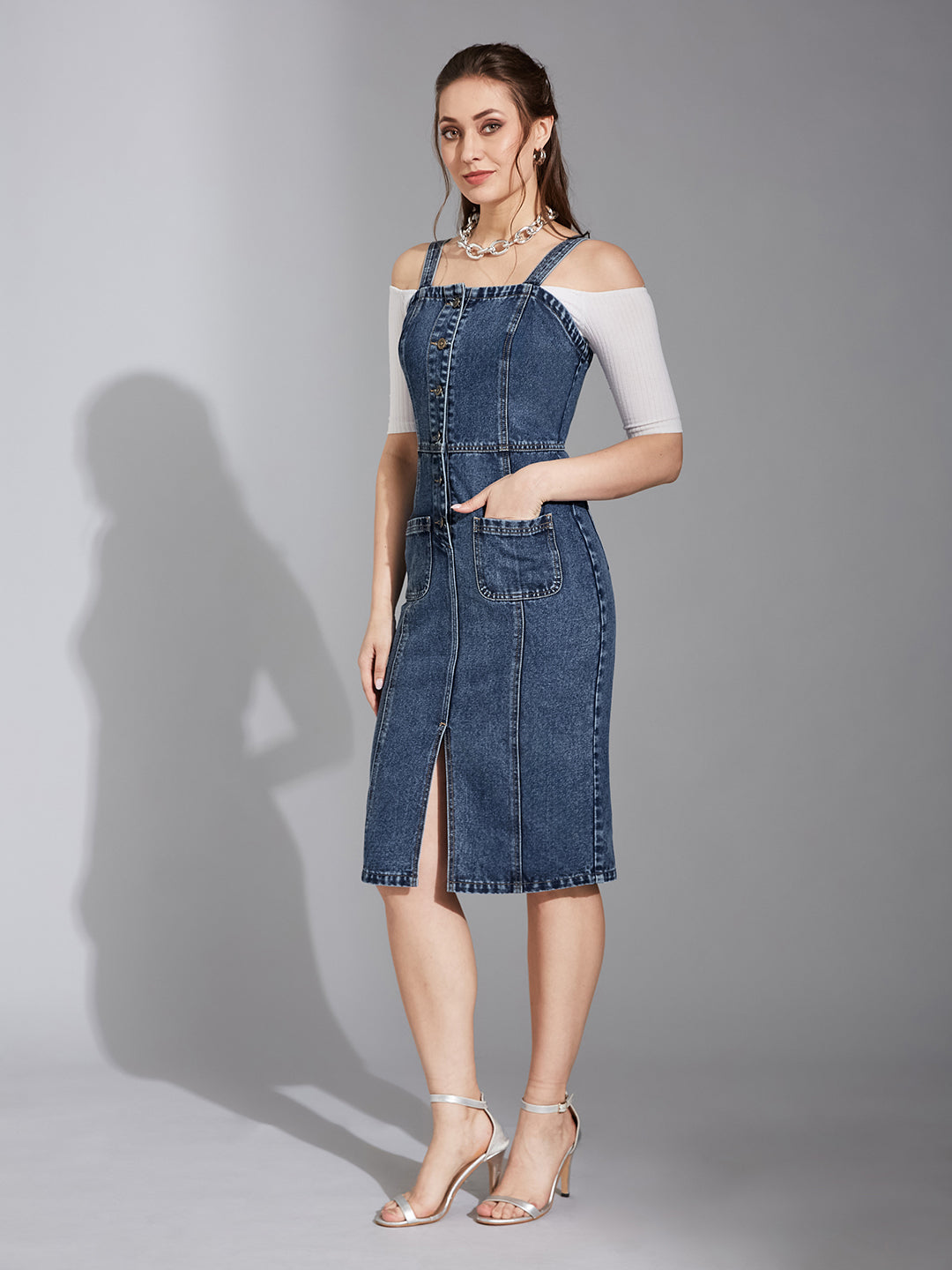 Women's Navy Blue Slim Midi Denim Dress