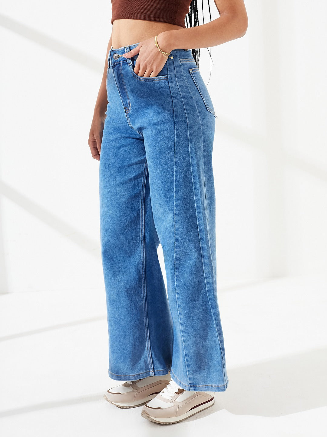 Mid Blue Wide Leg High-Rise Curved Panel Stretchable Denim Jeans For Women