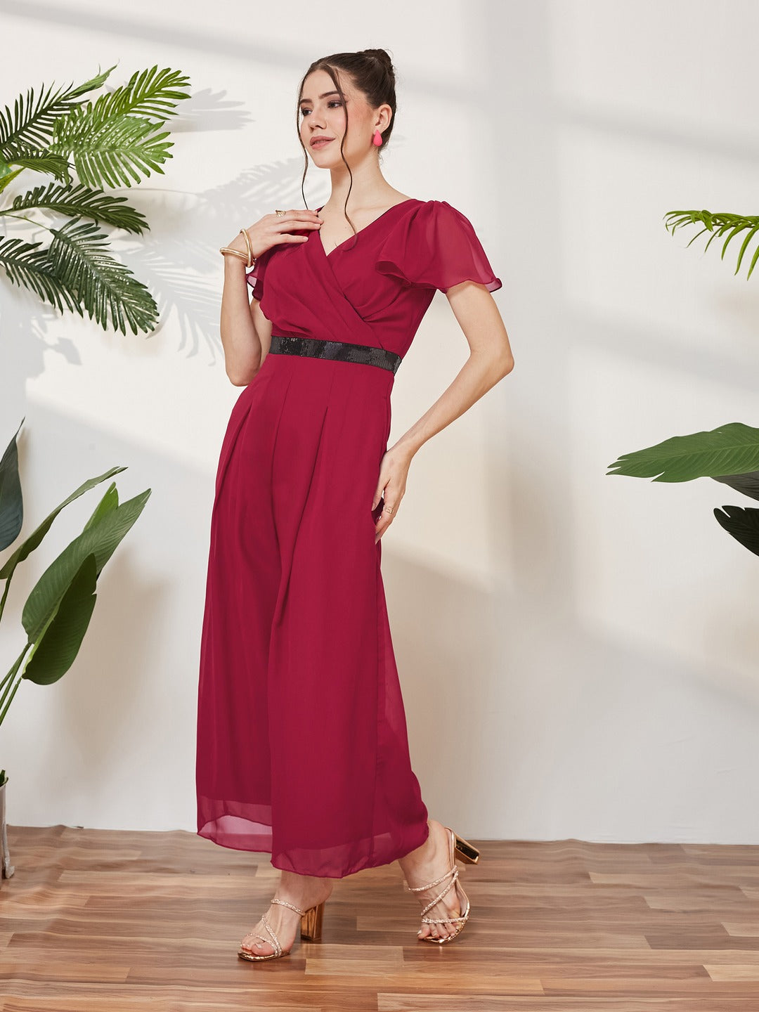 Pink Solid Relaxed Fit Short Sleeve V-Neck Ankle-Length Straight Jumpsuit  for Women