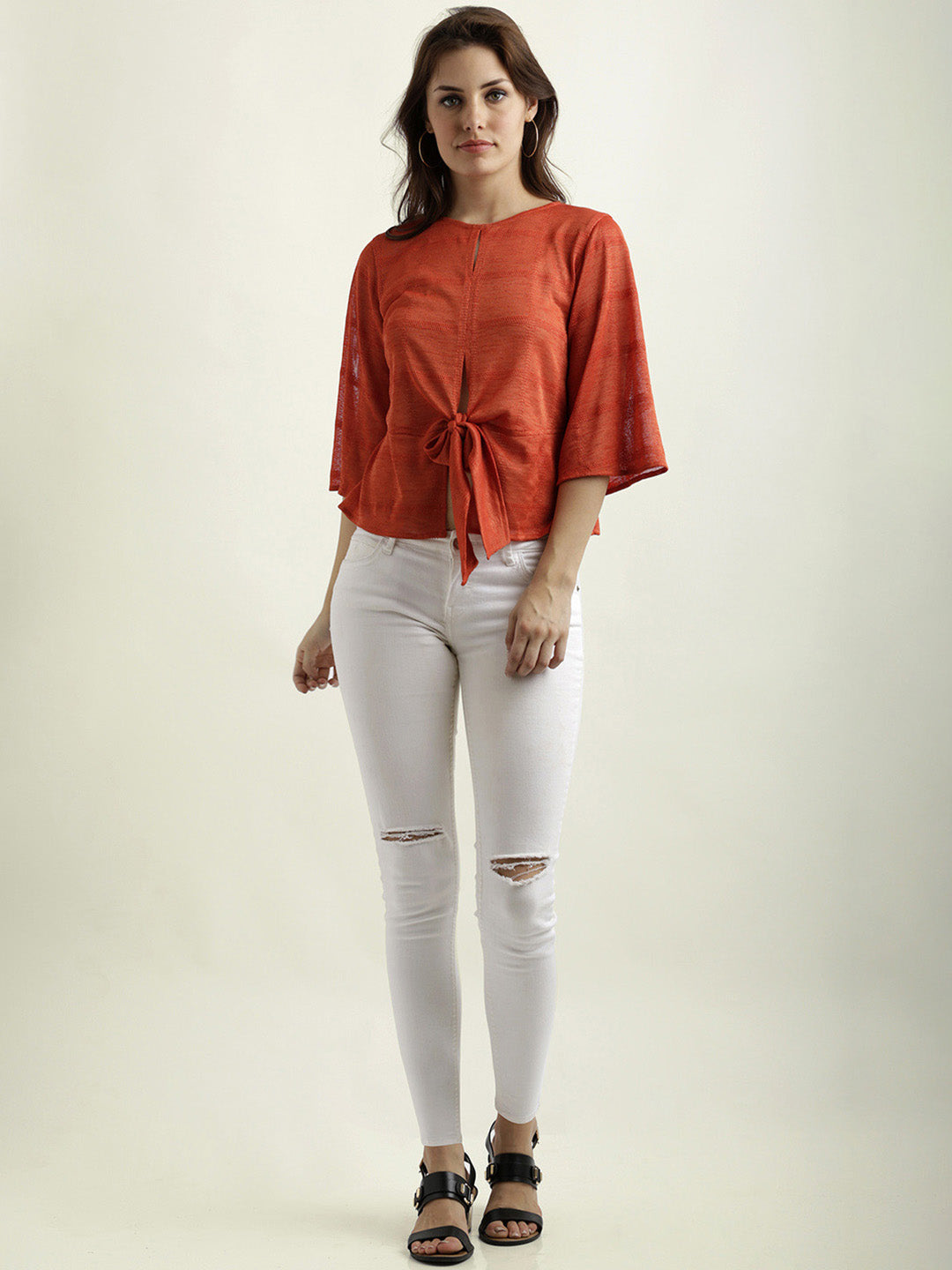 Women's Orange Round Neck 3/4 Sleeve Solid Front Slit Knotted Top