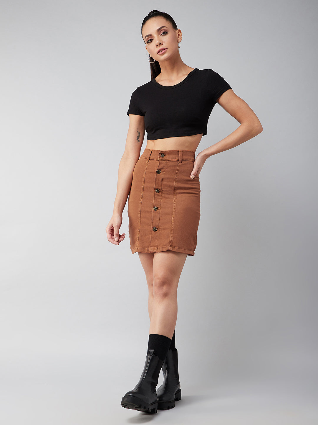 Women's Rust Cotton Slim Fit Relaxed High Rise Mini Denim Skirt