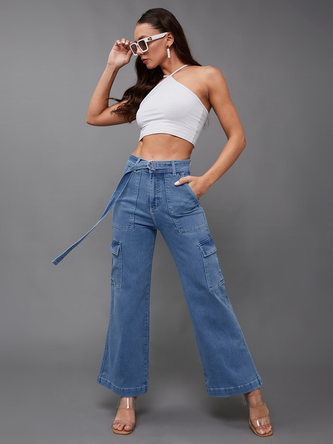 24/7 Comfort Mid Blue Wide-Leg High-Rise Stretchable Cargo Denim Jeans