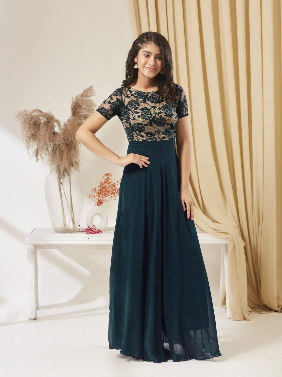 Teal Round Neck Half Sleeve Self Design Fit & Flare Georgette Maxi Dress for Girls/Teenagers