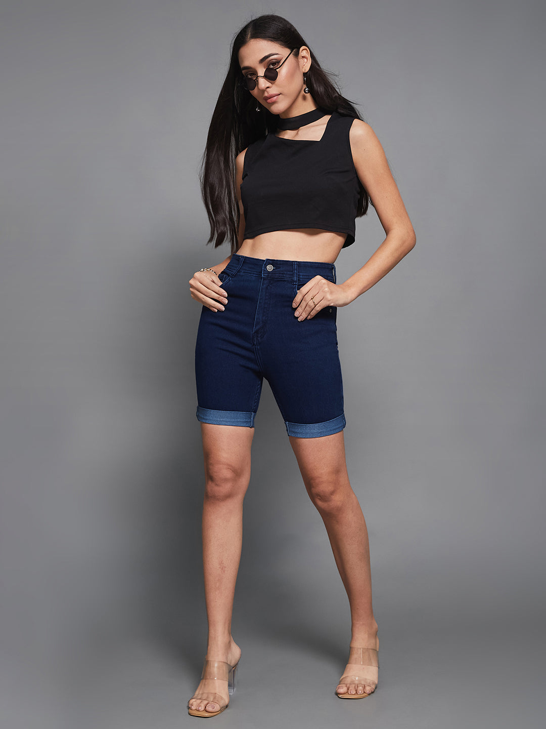 Women's Navy Blue Skinny High Rise Clean Look Regular Length Stretchable Denim Shorts