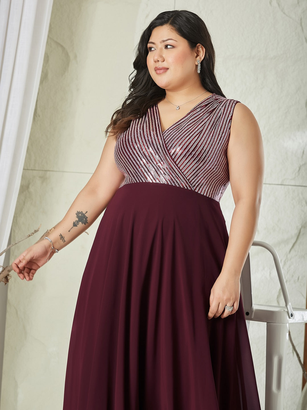 Wine V-Neck Sleeveless Embellished Wrap-Styled Maxi Georgette Dress for Women