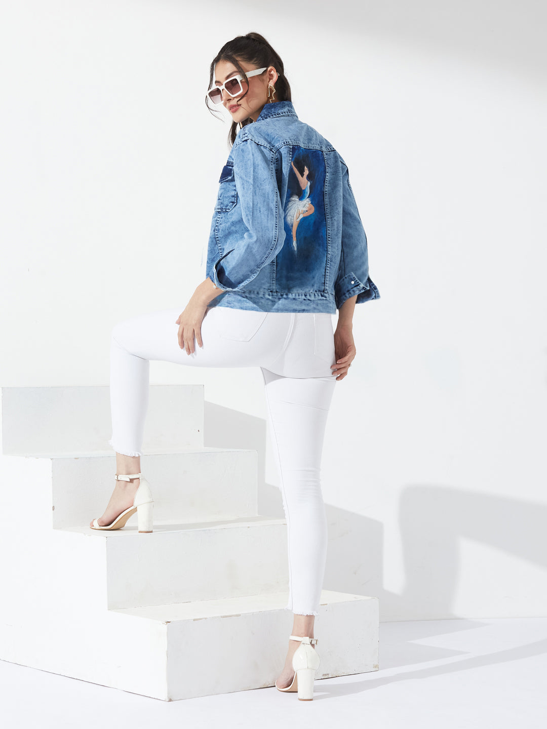 Light Blue Shirt Collar Full Sleeve Hand Painted Regular-Length Denim Jacket For Women
