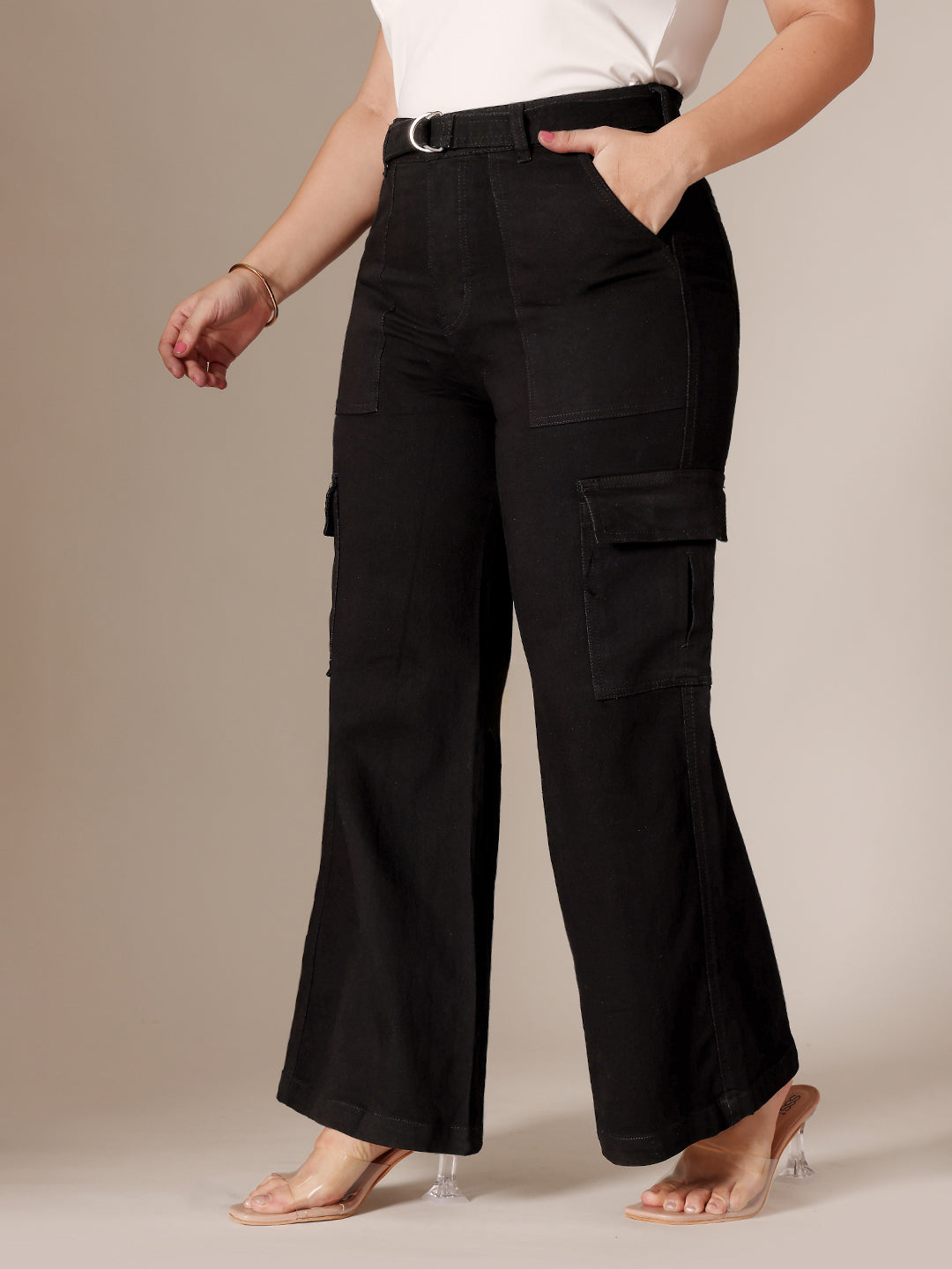 Black Wide leg High rise Clean look Regular Stretchable Denim Jeans for Women