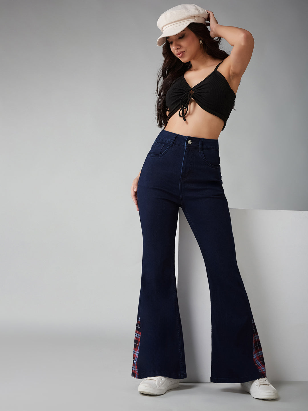 Women's Navy Blue High Rise Clean LooK Stretchable Denim Bootcut Jeans