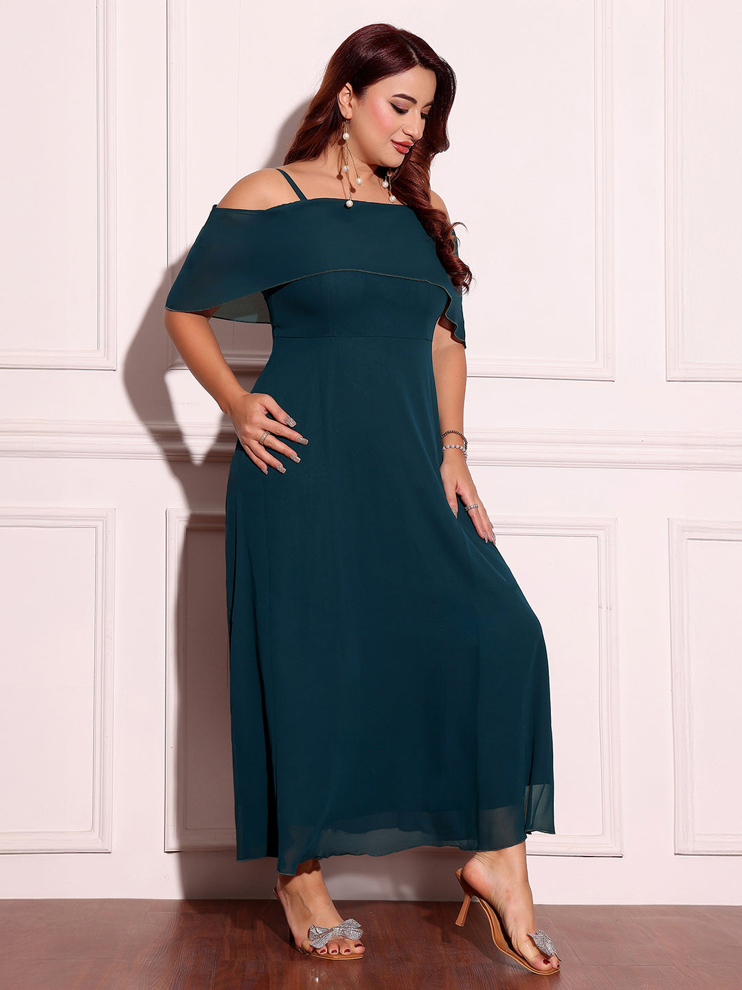 Women's Teal Bardot Style Sleeveless Spaghetti-Straps Solid Off-Shoulder Midi Skater Dress