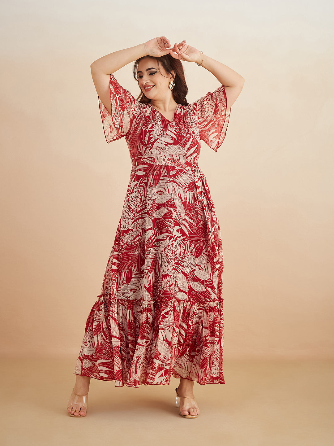 Maroon V Neck Flared Sleeve Floral Wrap Maxi Dress for Women