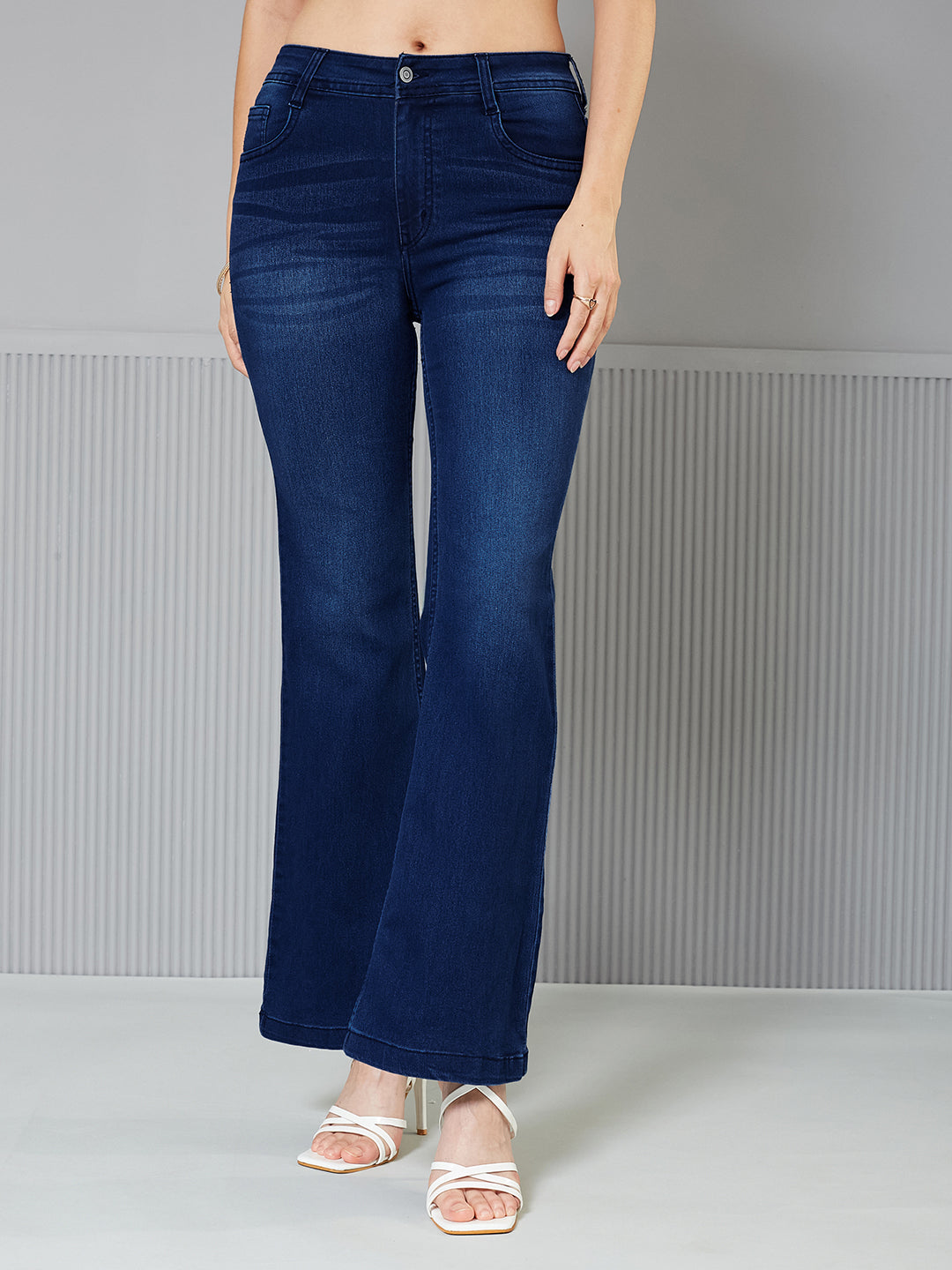 Women's Navy Blue High-Rise Clean-Look Regular-Length Stretchable Bootcut Denim Jeans