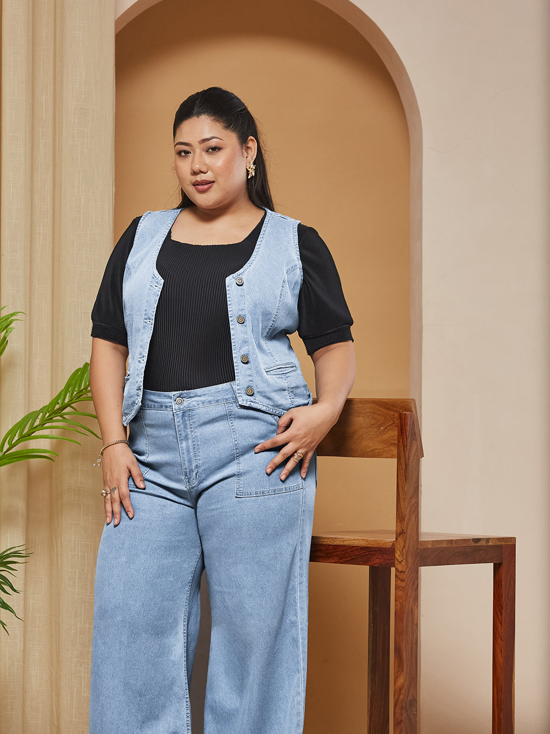 Light Blue Wide-Leg High Rise Stretchable Light-weight Denim Co-Ord Set for Women