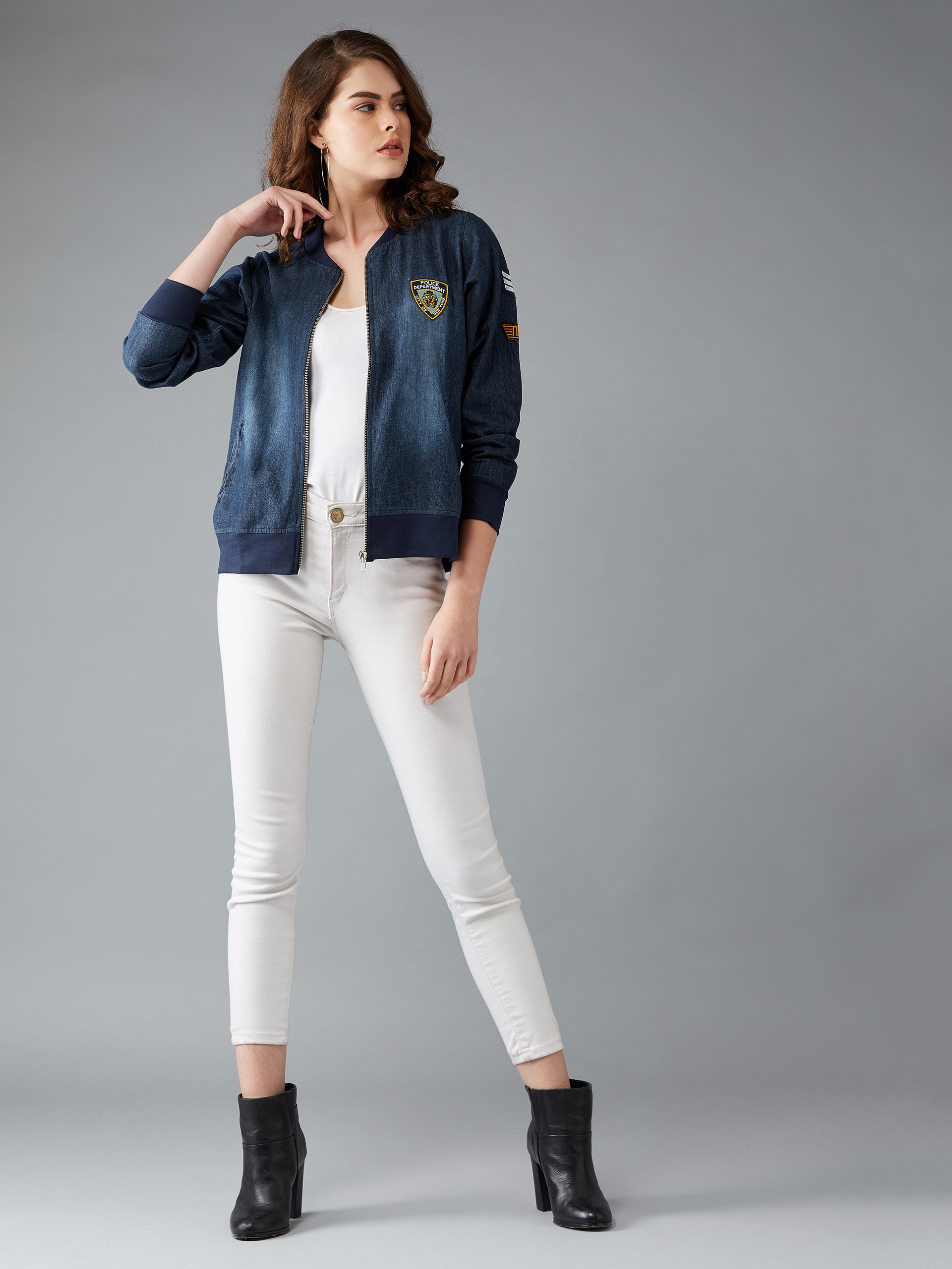 Women's Navy Blue V-Neck Full Sleeve Solid Embroidered Detail Patched Denim Bomber Jacket