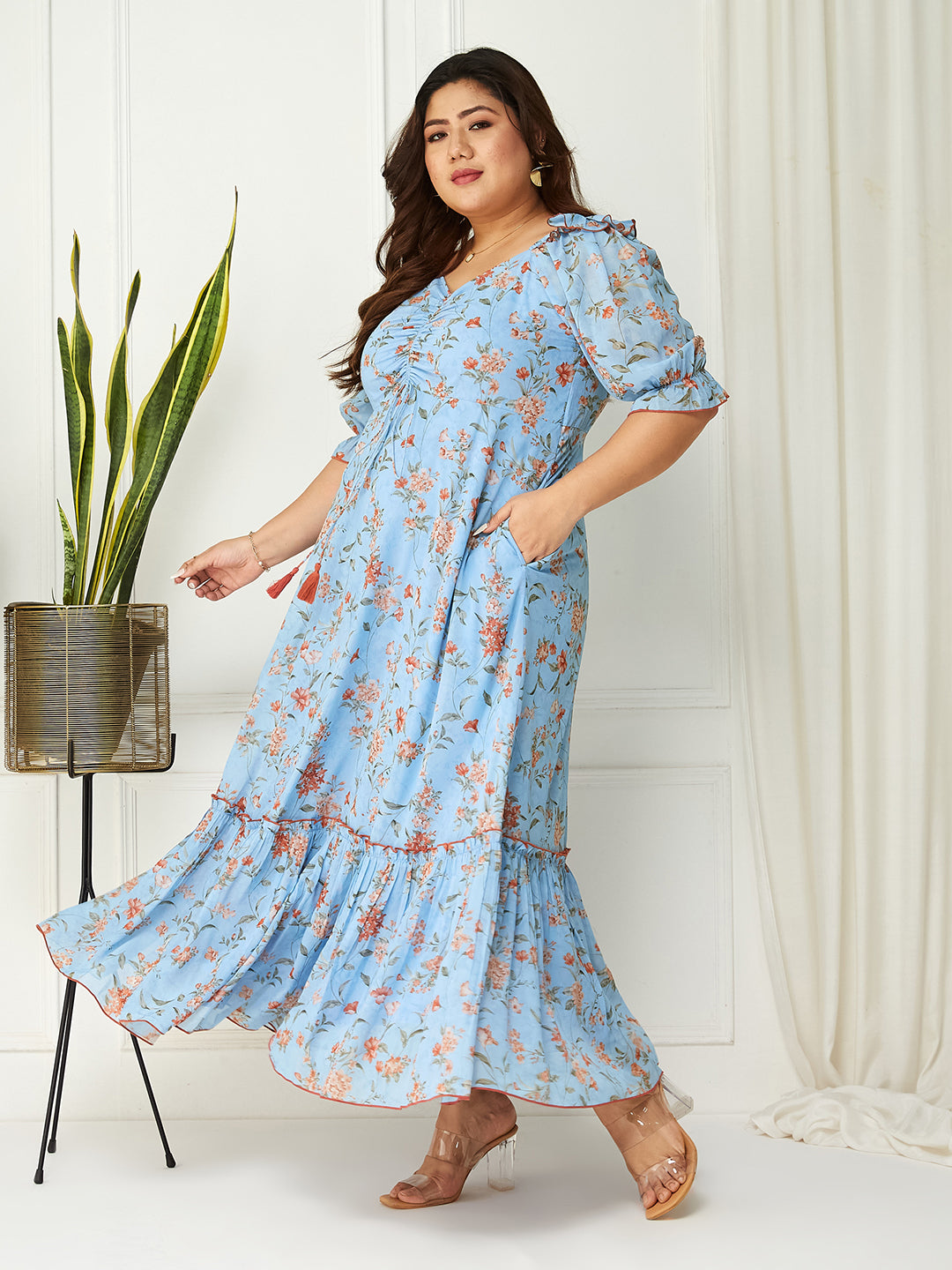 Women's Multicolored-Base-Powder Blue V-Neck Puff Sleeve Floral Ruching Ankle-Length Dress