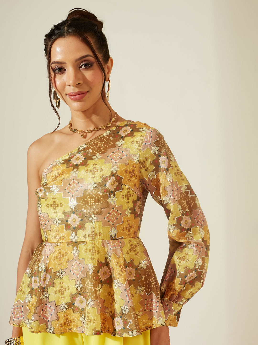 Yellow Geometric One Shoulder Neck Bishop Sleeves Georgette Layered Regular-Length Jumpsuit for Women