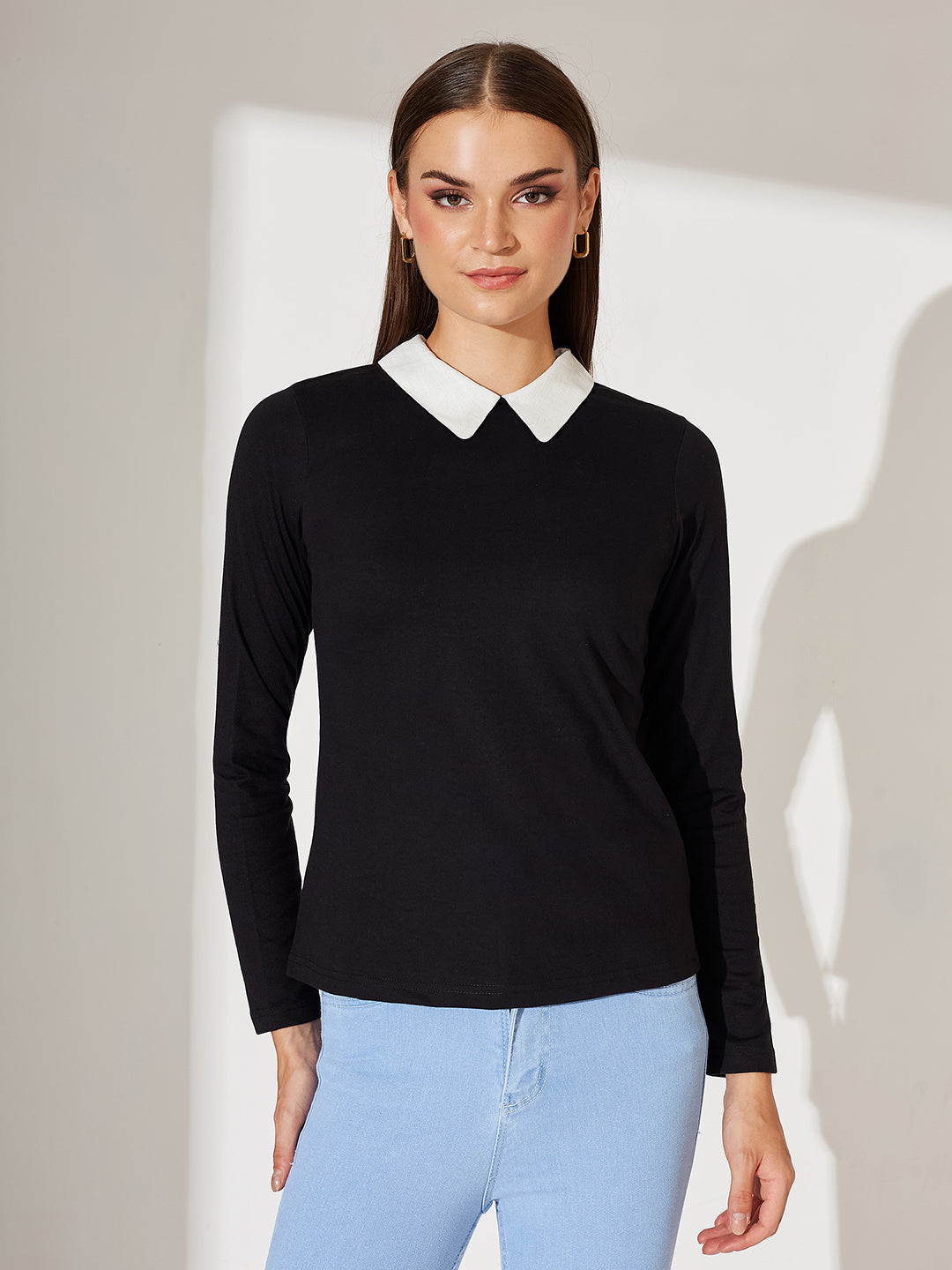 Black Collared Round Neck Full Sleeve Cotton Solid Buttoned Top for Women