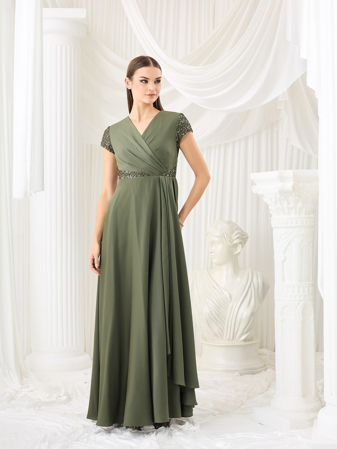 Embellished Pale Olive Gown in Asymmetric Draped Premium Satin for Women