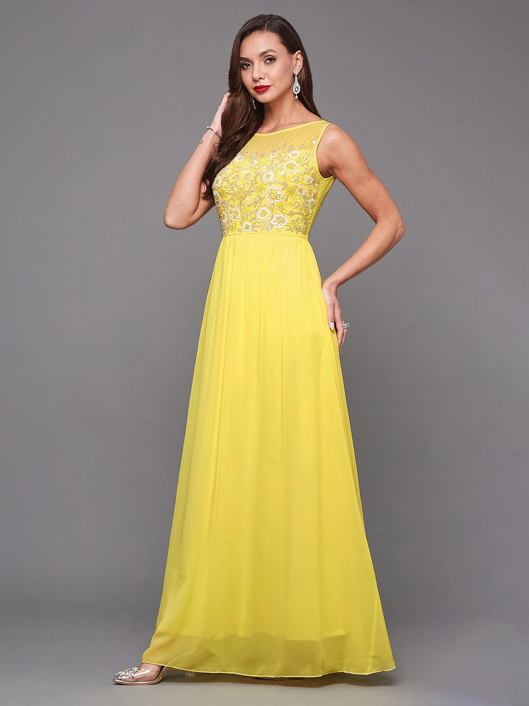 Women's Light Yellow Boat Neck Sleeveless Embroidered Georgette Gathered Maxi Dress