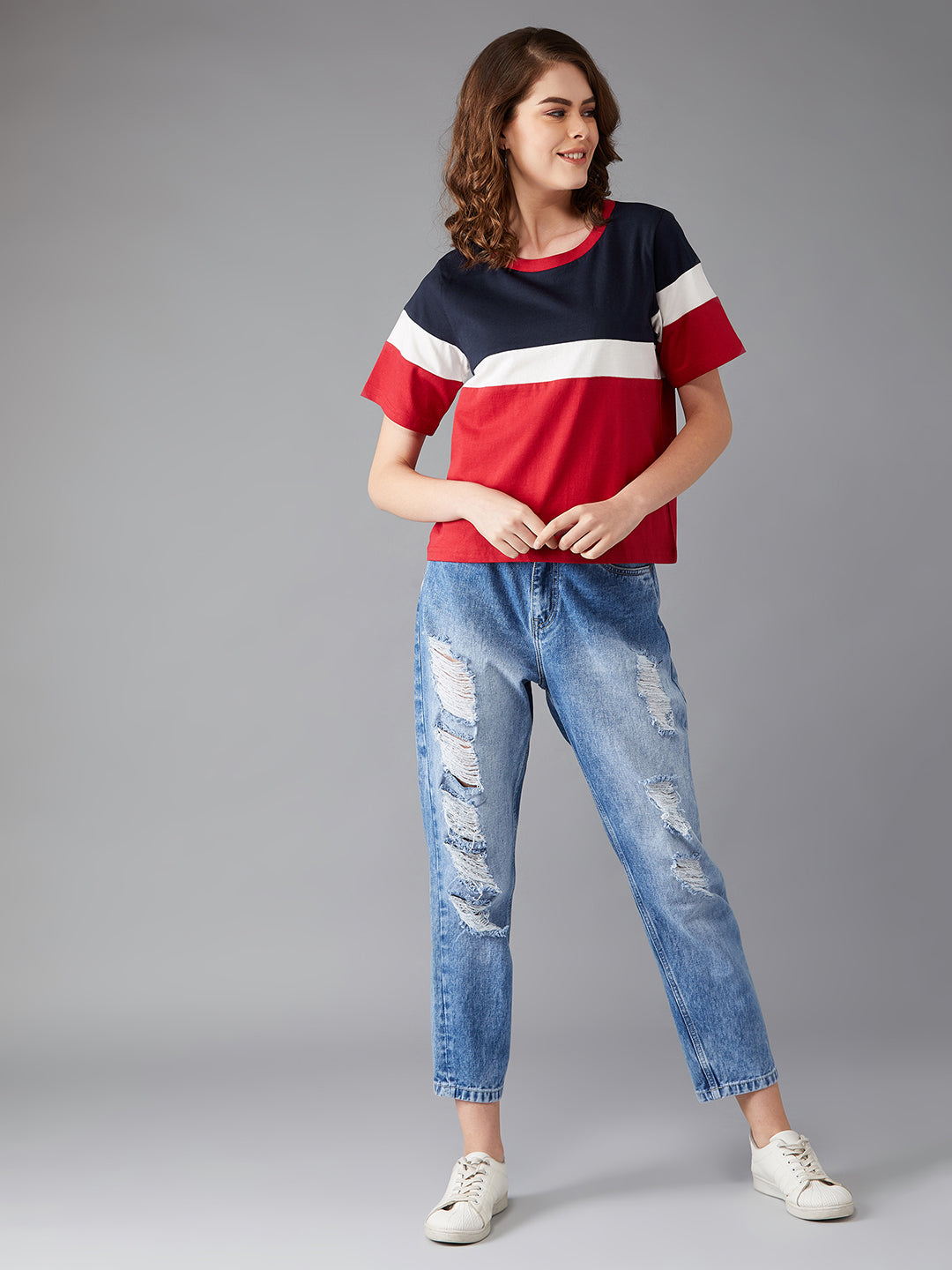 Women's Red Round Neck Half Sleeve Paneled Solid Regular T-Shirt