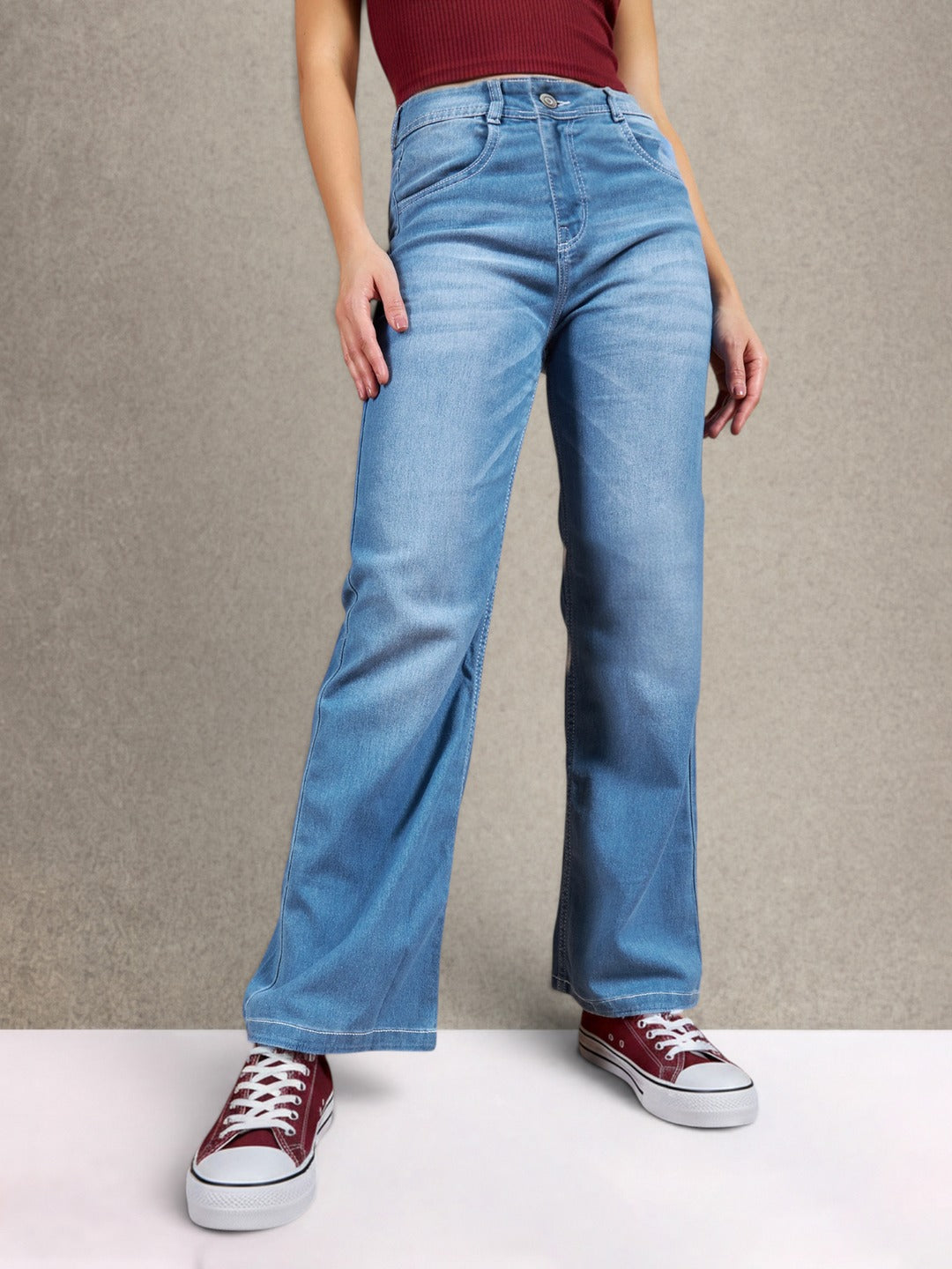 Light Blue Wide-Leg Mid Rise Blast Effect Light Weight Denim Jeans for Women