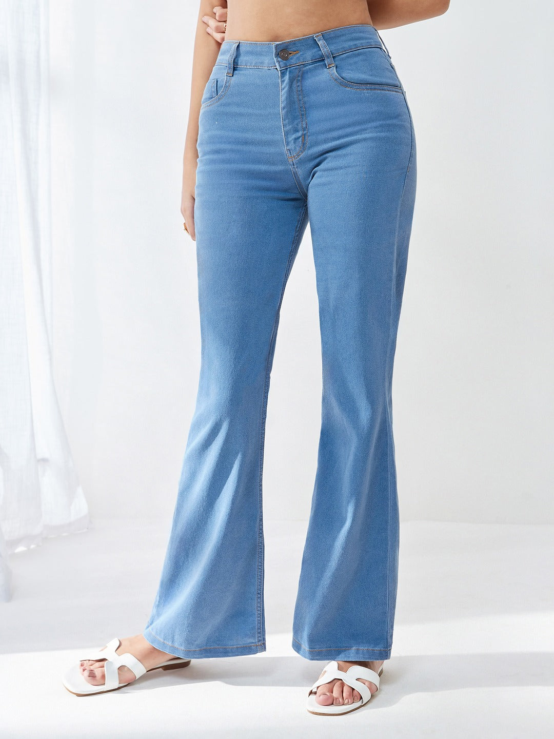 Light Blue Bootcut High rise Regular Stretchable Denim Jeans for Women