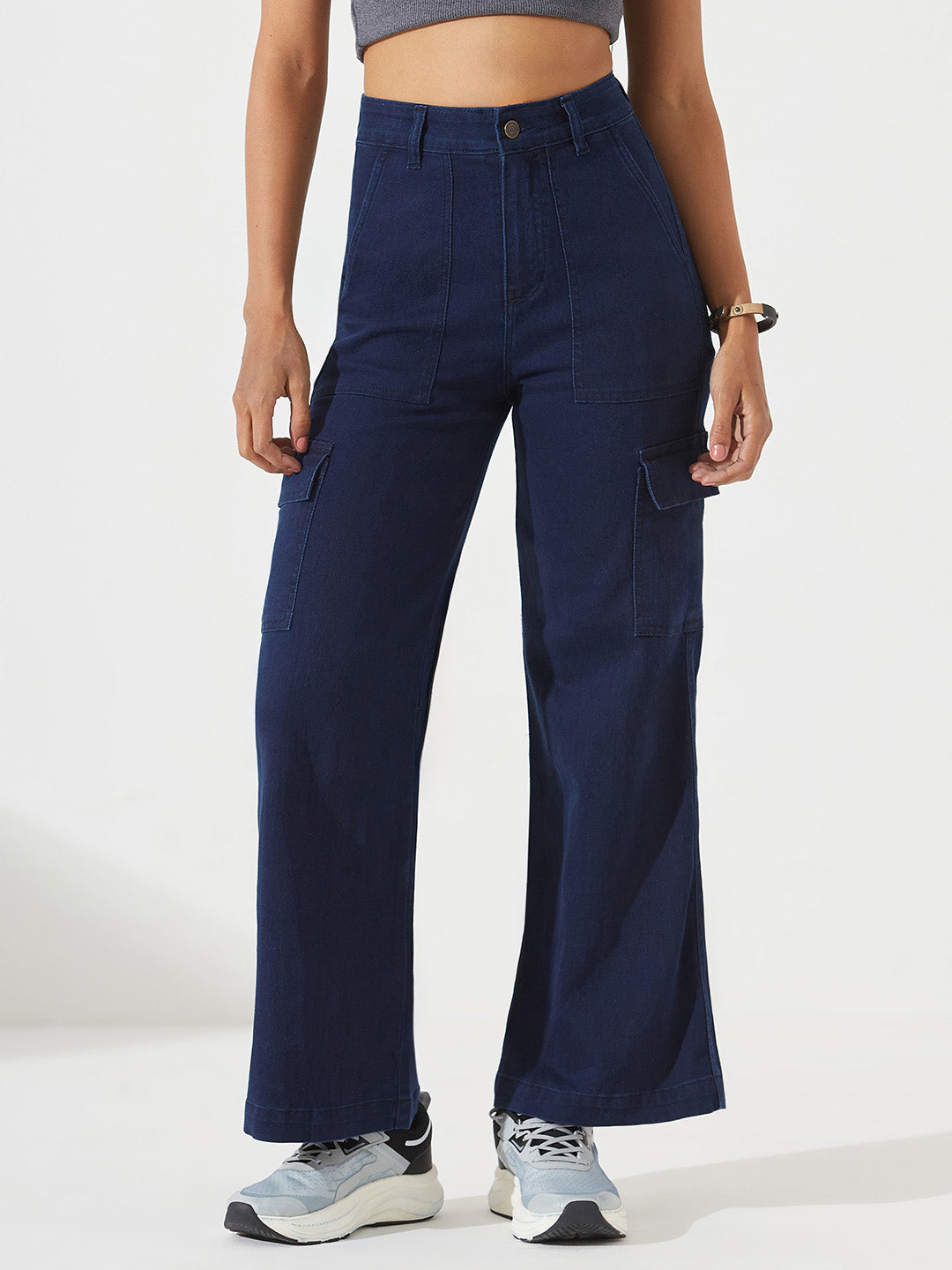 Navy-Blue Wide-Leg High-Rise Stretchable Cargo Denim Jeans for Women