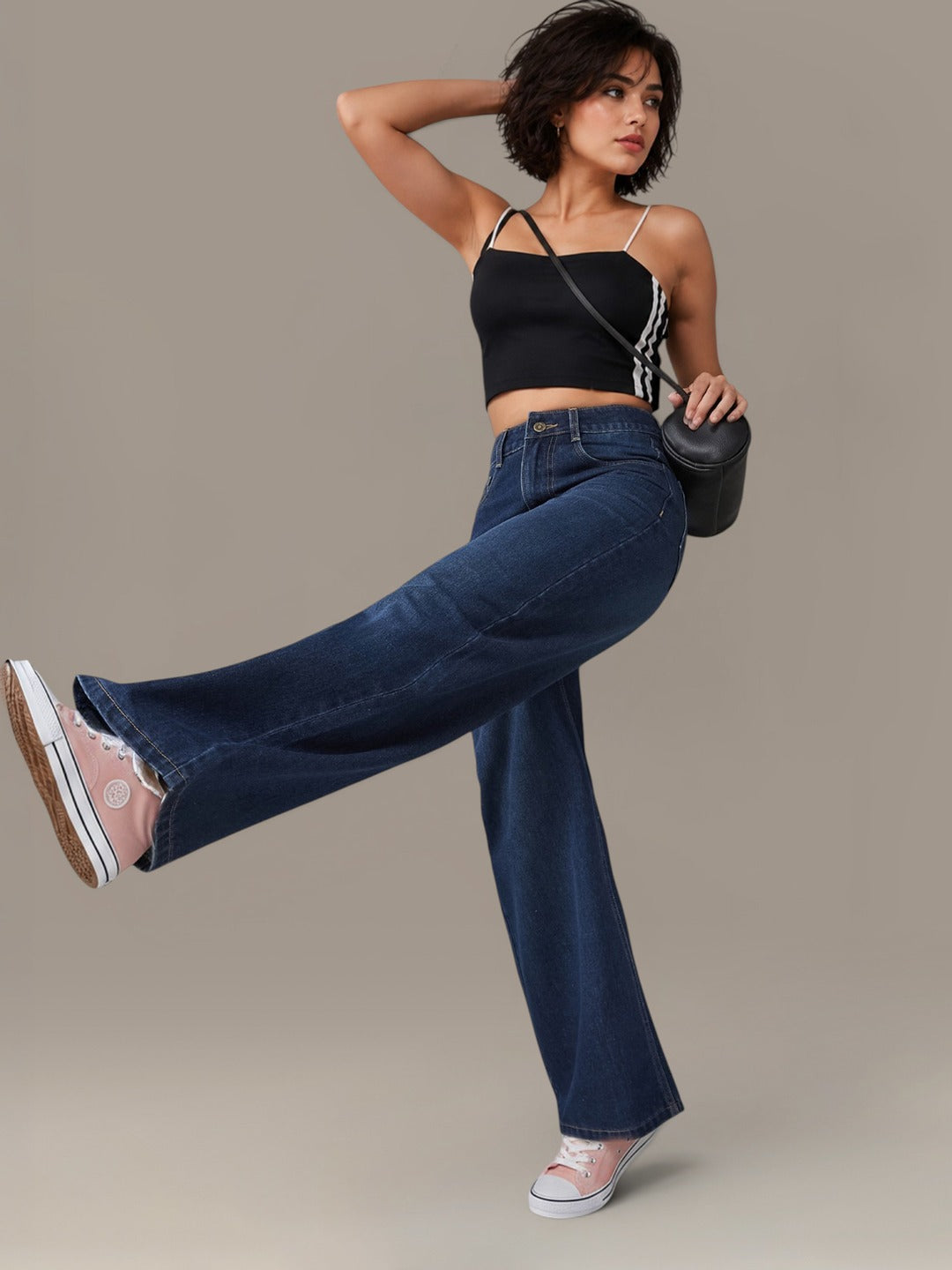 Navy Blue Wide-Leg High-Rise Denim Jeans for Women
