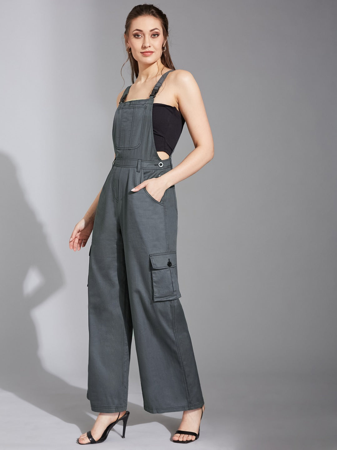 Grey Square Neck Sleeveless Solid Wide-Leg Regular-Length Polyester Dungaree for Women