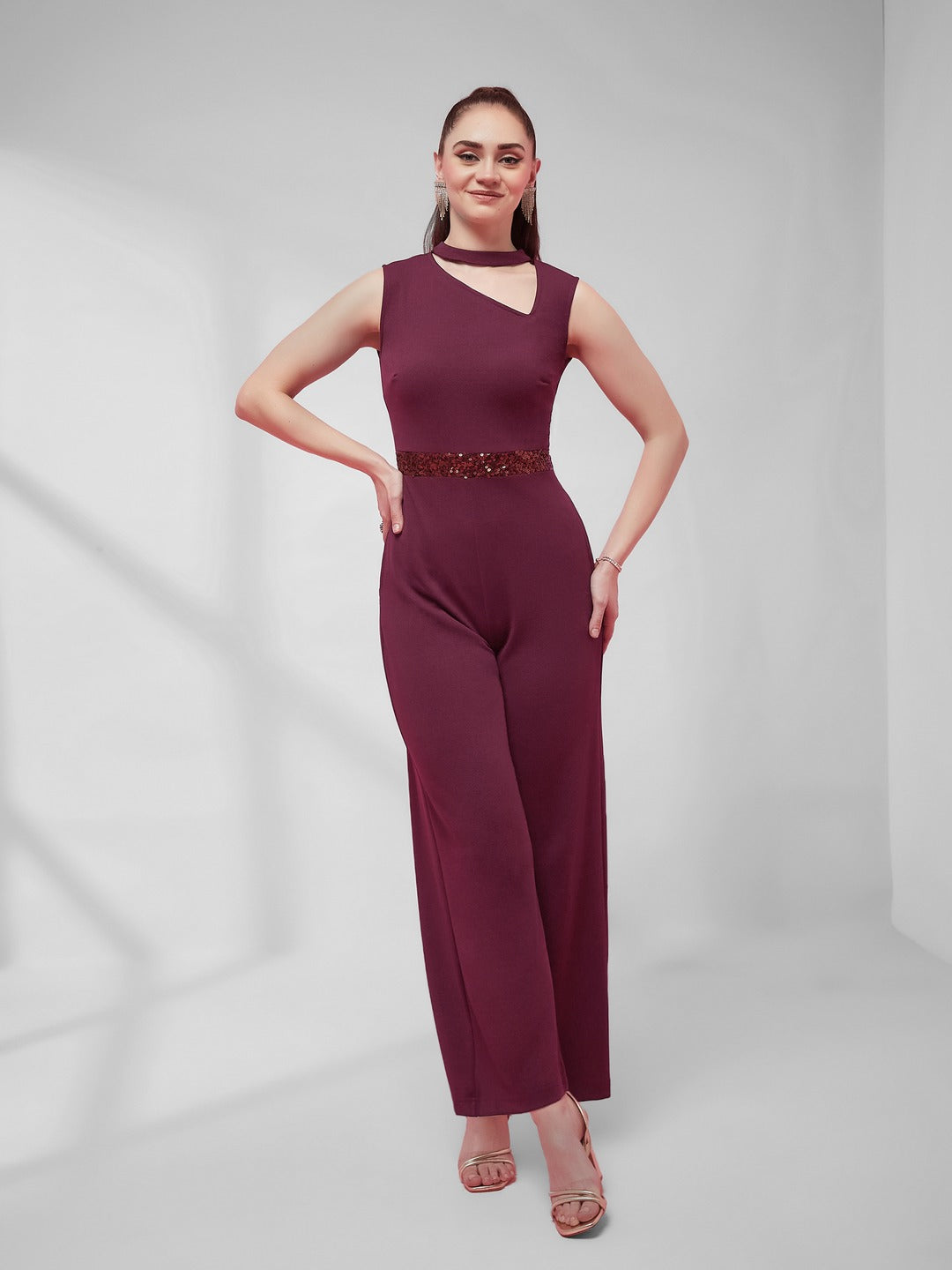 Wine Collared Sleeveless Solid Asymmetric Neck Cut-Out Regular Length Jumpsuit for Women