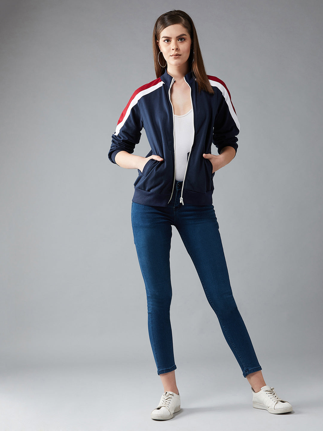 Women's Multicoloured-Base-Navy Blue Turtle-neck Full sleeves Solid Color-Block Regular Jacket