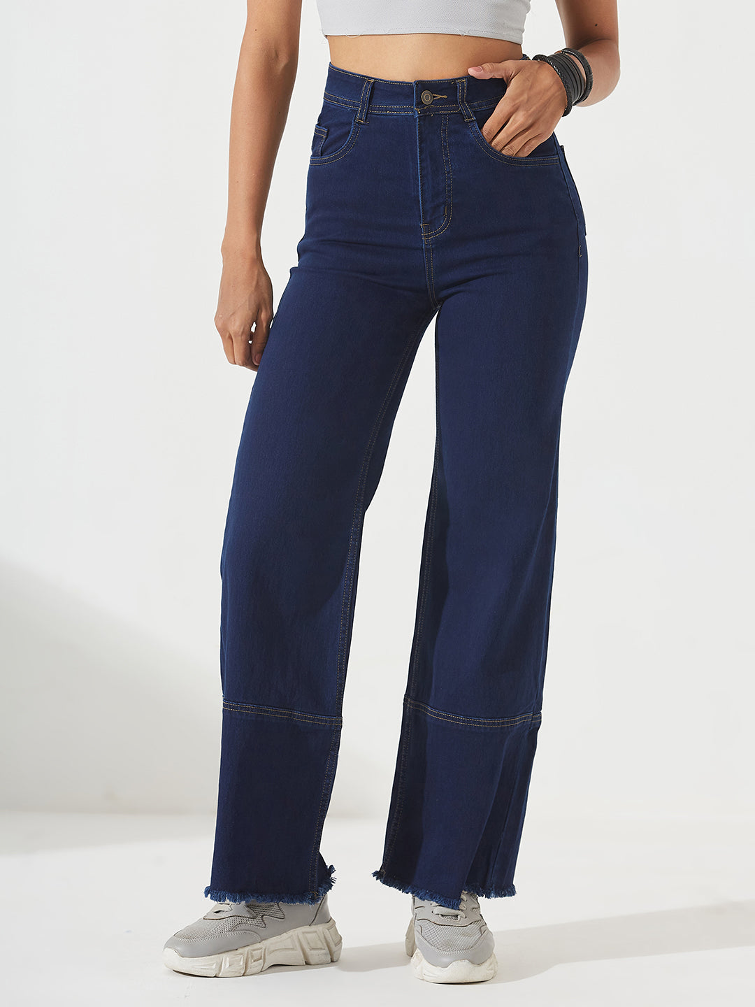 Navy-Blue Wide-Leg High-Rise Stretchable Denim Jeans for Women