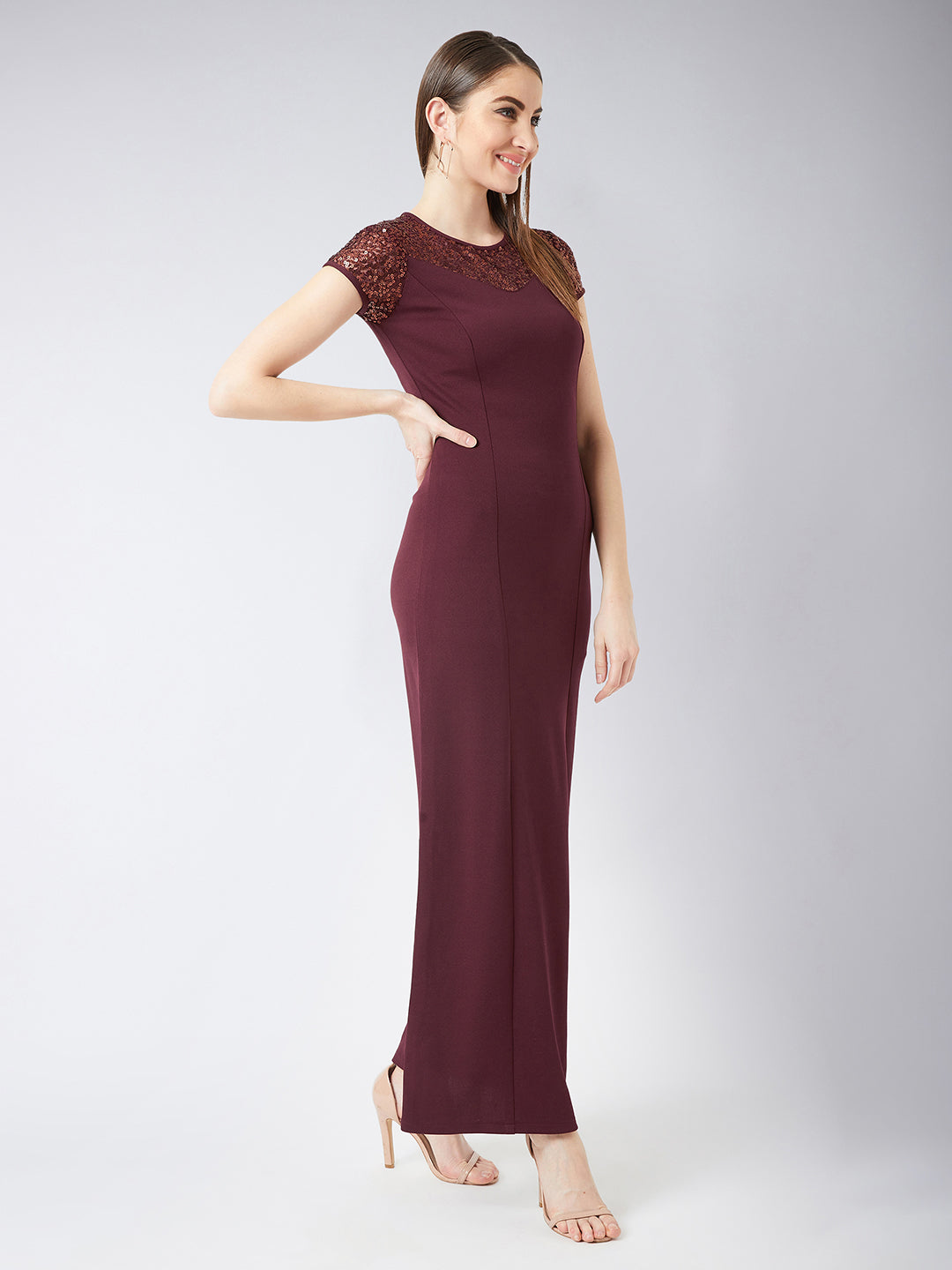 Crease Ease Women's Wine Red Round Neck Cap Sleeves Sequin Paneled Solid Bodycon Maxi Dress