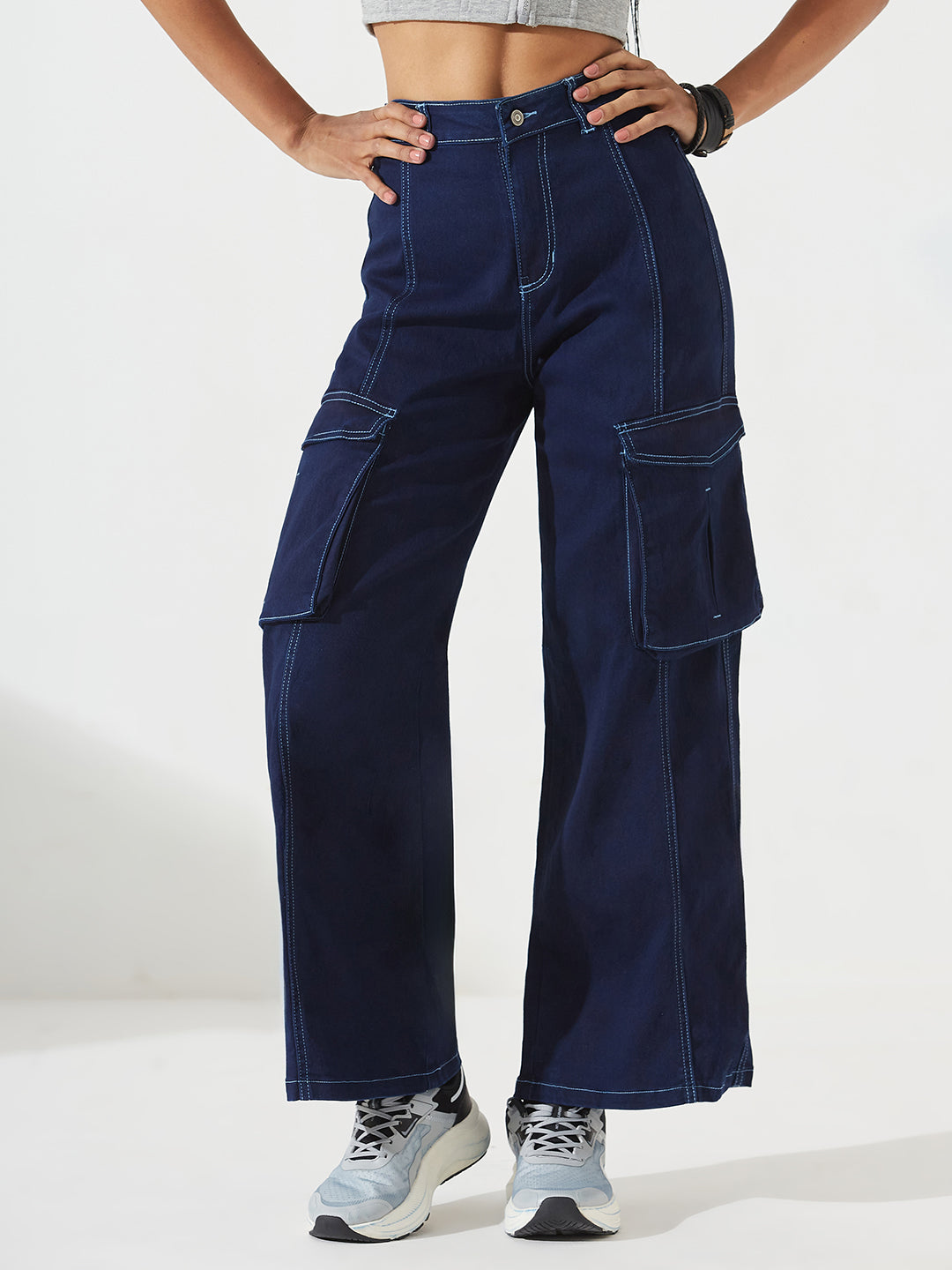 Navy-Blue Wide-Leg High-Rise Regular Stretchable Denim Jeans for Women