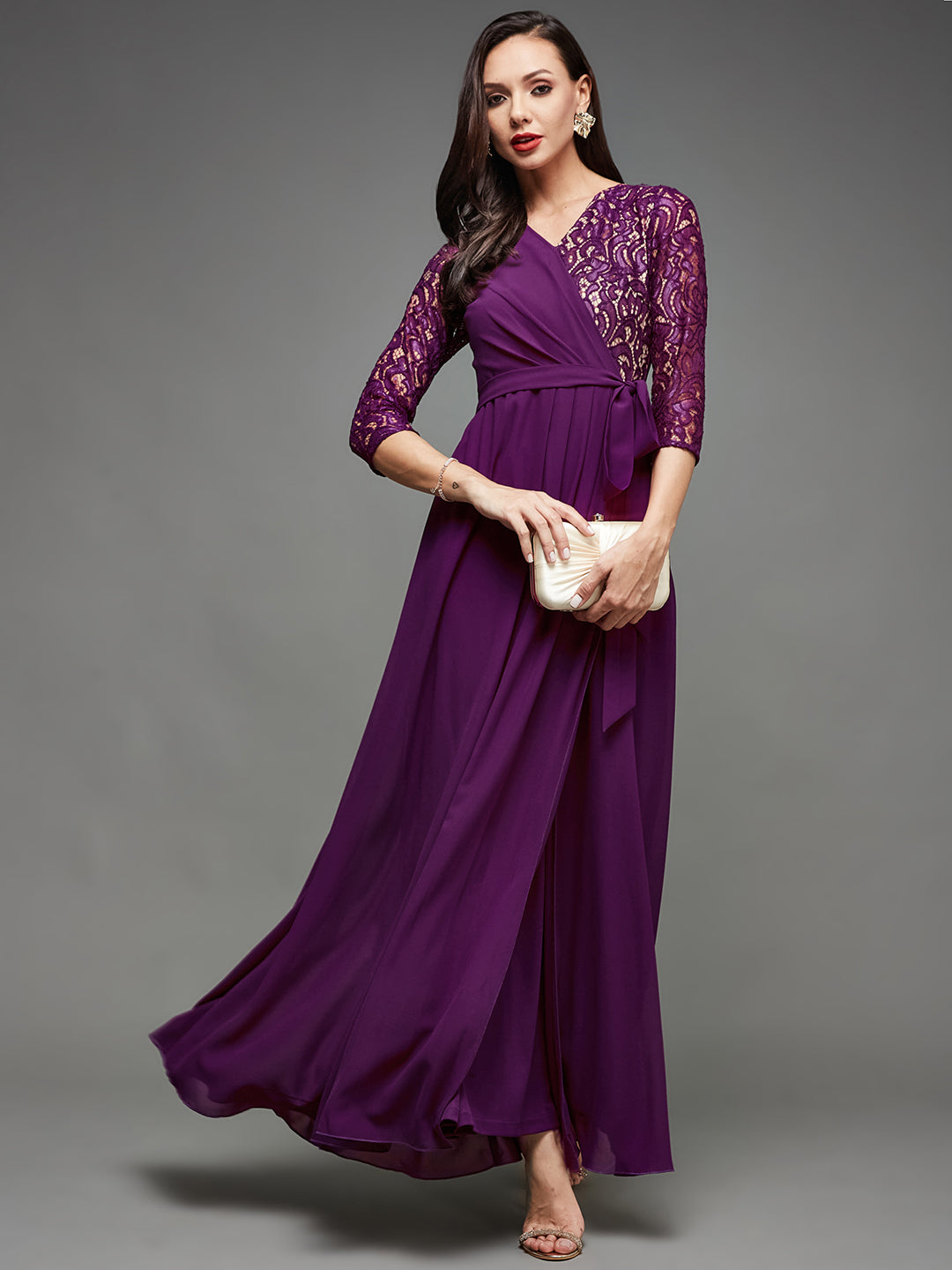 Women's Dark Purple Colored V-Neck Three-Quarter Sleeve Self-Designed Wrap Maxi Georgette Dress