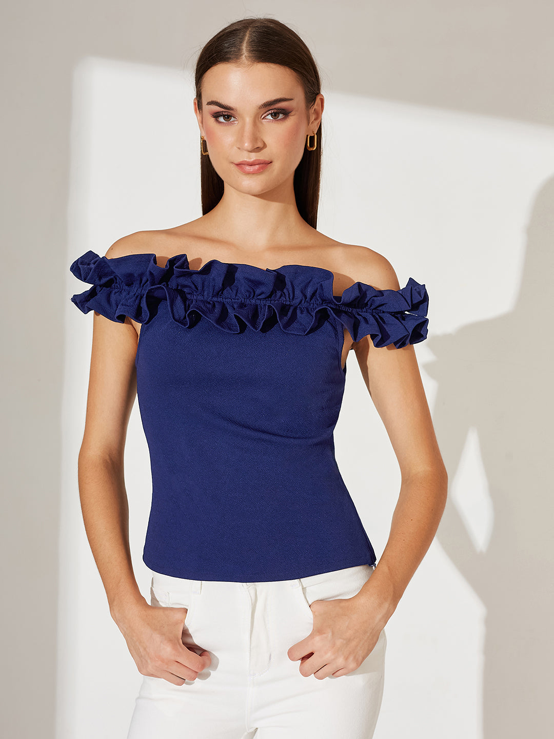 Navy Blue Off Shoulder Sleeveless Solid Ruffled Frilled Gathered Bardot Top for Women