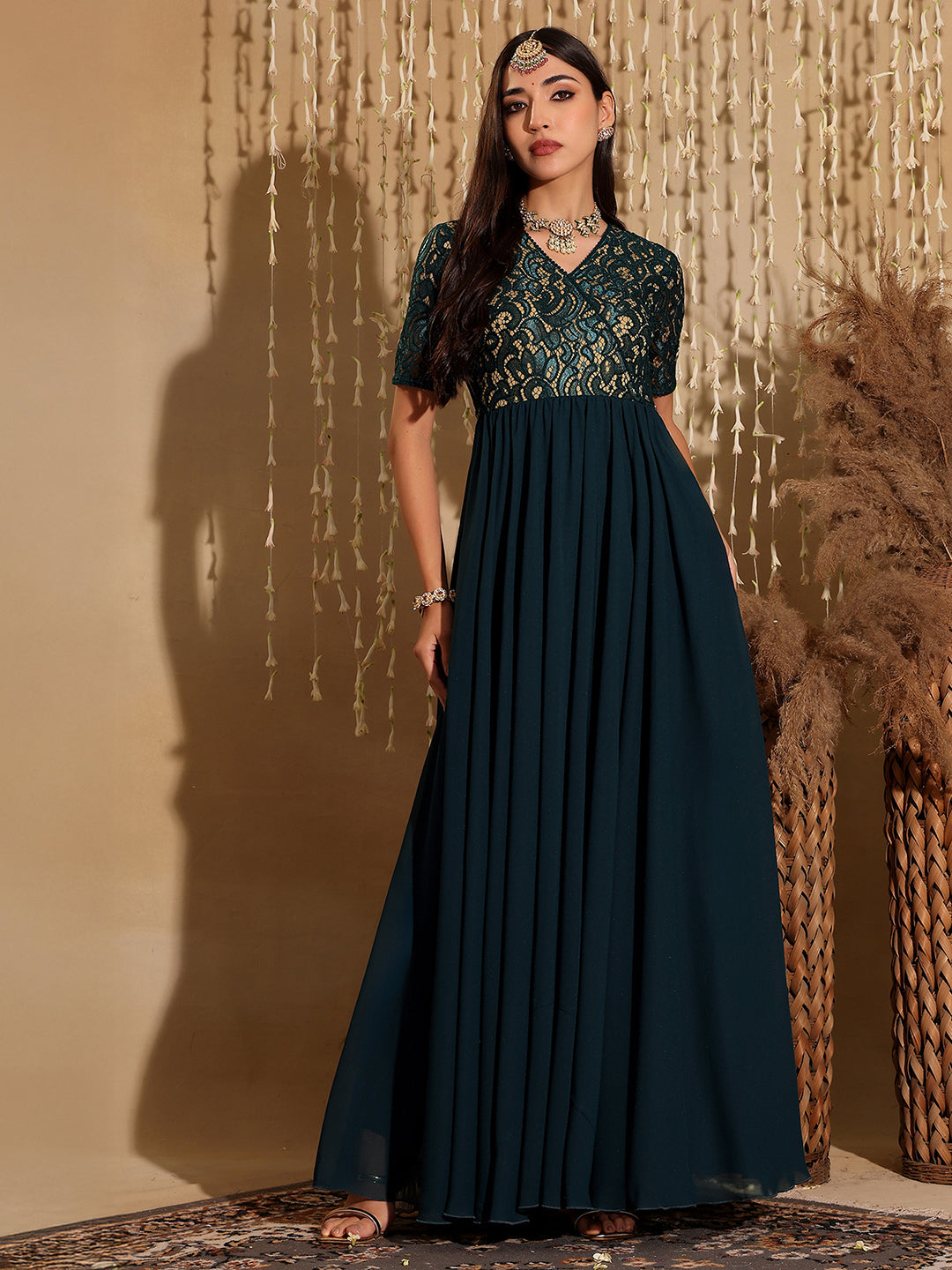 Women's Teal V-Neck Half Sleeve Self Designed Wrap Georgette Maxi Dress