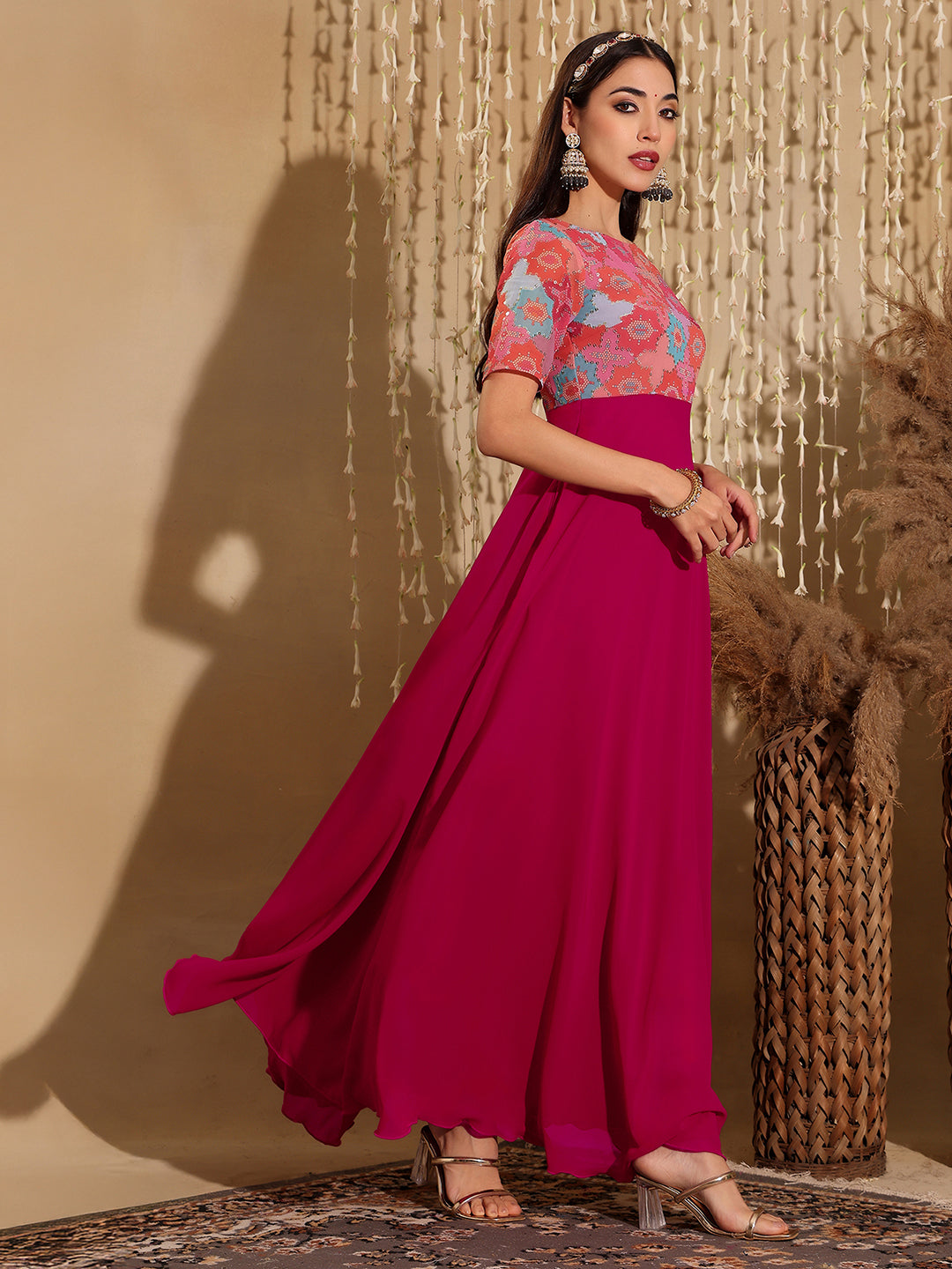 Women's Multicolored-Base-Dark Pink Boat Neck Half Sleeve Geometric Fit & Flare Georgette Maxi Dress