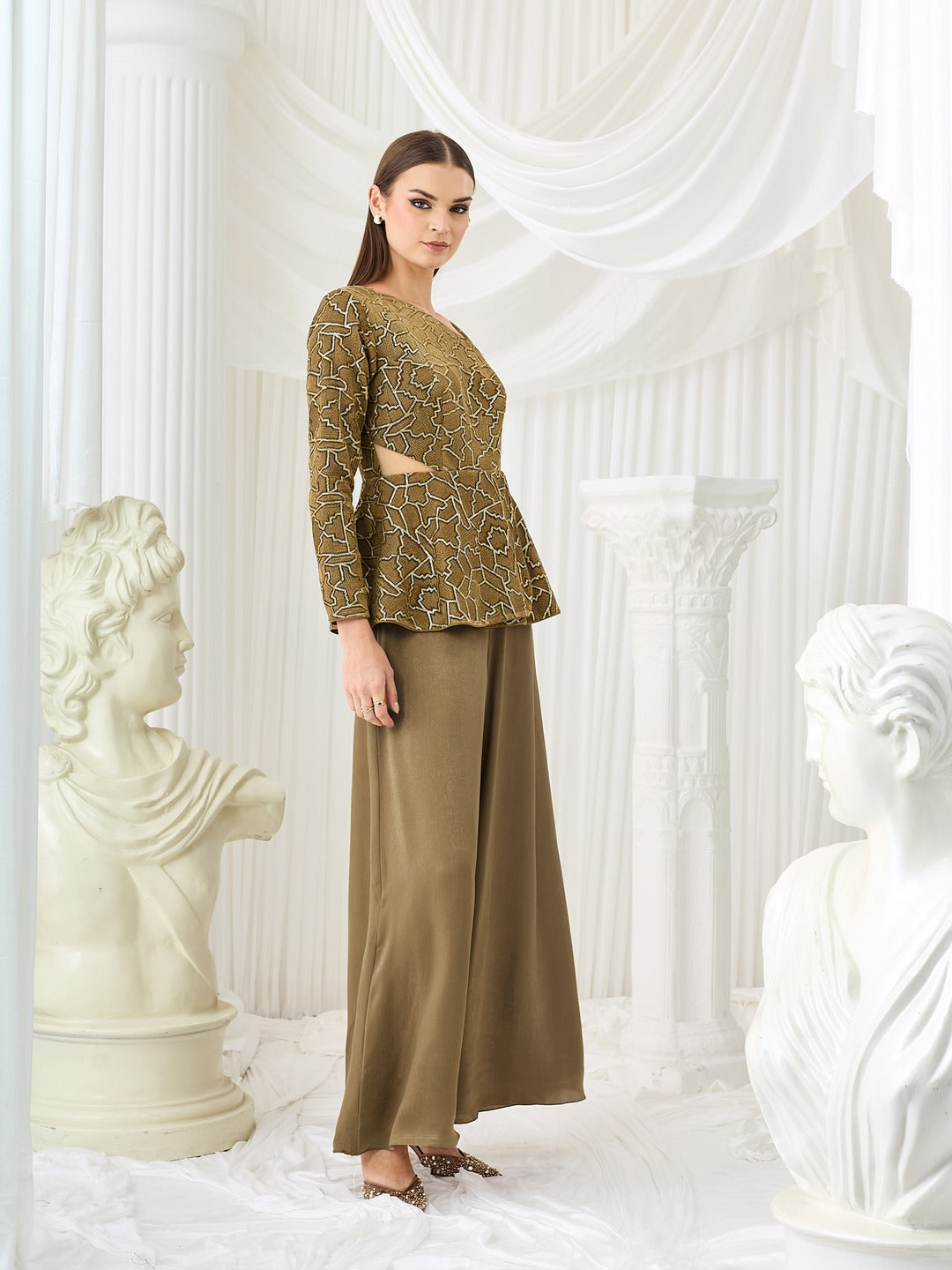 Dark Beige Asymmetric Geometric Peplum Regular Satin Jumpsuit for Women